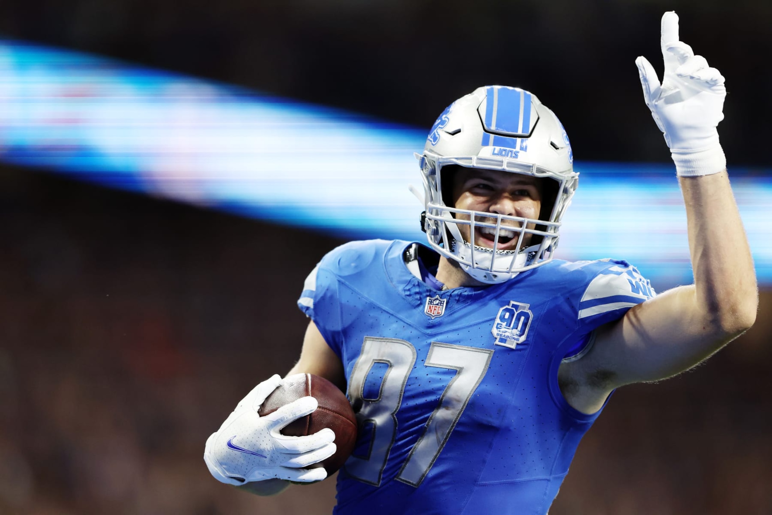 DETROIT, MICHIGAN - SEPTEMBER 24: Sam LaPorta #87 of the Detroit Lions celebrates after scoring a touchdown in the second quarter of a game against the Atlanta Falcons at Ford Field on September 24, 2023 in Detroit, Michigan. (Photo by Rey Del Rio/Getty Images)