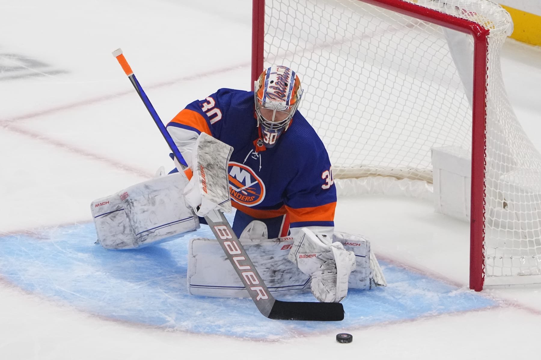 ELMONT, NY - OCTOBER 06:  New York Islanders Goalie Ilya Sorokin (30) makes a save during the first period of the National Hockey League preseason game between the New Jersey Devils and the New York Islanders on October 6, 2023, at UBS Arena in Elmont, NY. (Photo by Gregory Fisher/Icon Sportswire via Getty Images)