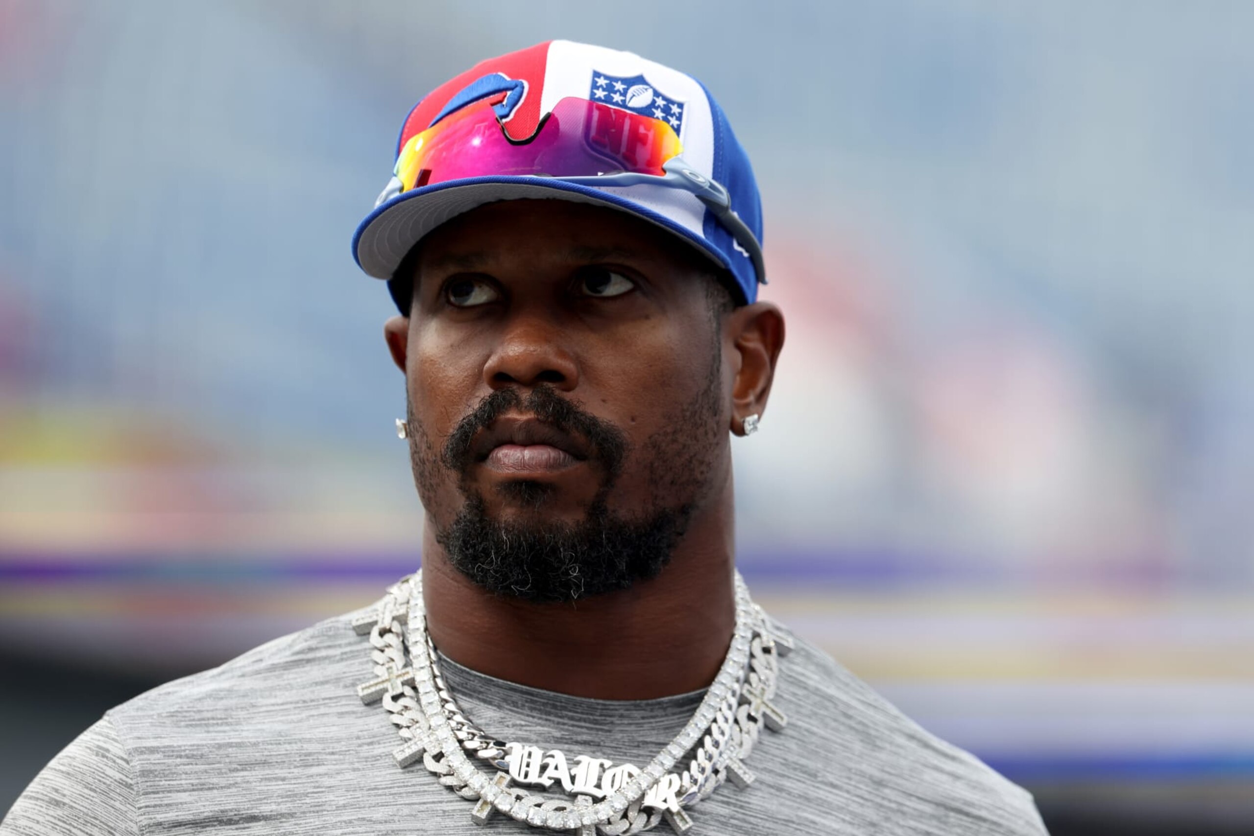 ORCHARD PARK, NEW YORK - SEPTEMBER 17: Von Miller #40 of the Buffalo Bills looks on prior to a game against the Las Vegas Raiders at Highmark Stadium on September 17, 2023 in Orchard Park, New York. (Photo by Bryan Bennett/Getty Images)