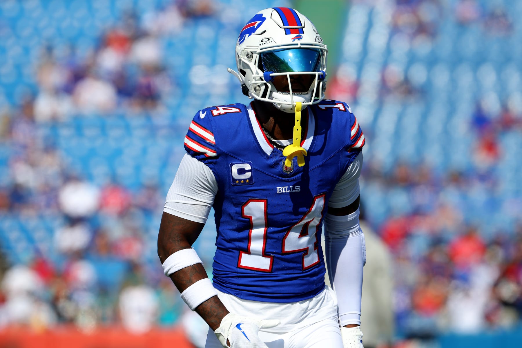 ORCHARD PARK, NEW YORK - OCTOBER 01: Stefon Diggs #14 of the Buffalo Bills warms up before the game against the Miami Dolphins at Highmark Stadium on October 01, 2023 in Orchard Park, New York. (Photo by Timothy T Ludwig/Getty Images)