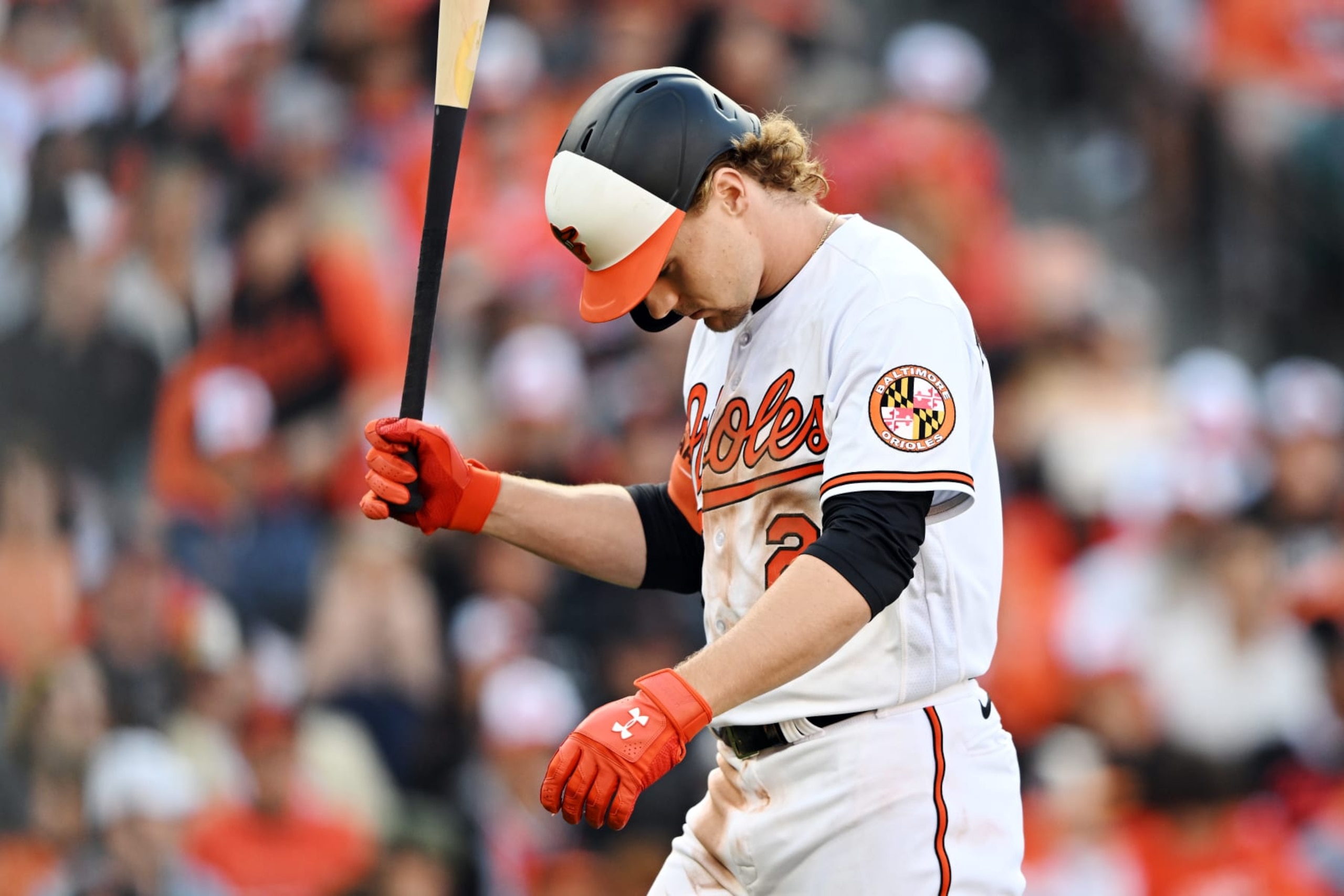 BALTIMORE, MARYLAND - OCTOBER 07: Gunnar Henderson #2 of the Baltimore Orioles reacts after striking out during the sixth inning of Game One of the American League Division Series against the Texas Rangers at Oriole Park at Camden Yards on October 07, 2023 in Baltimore, Maryland. (Photo by Greg Fiume/Getty Images)