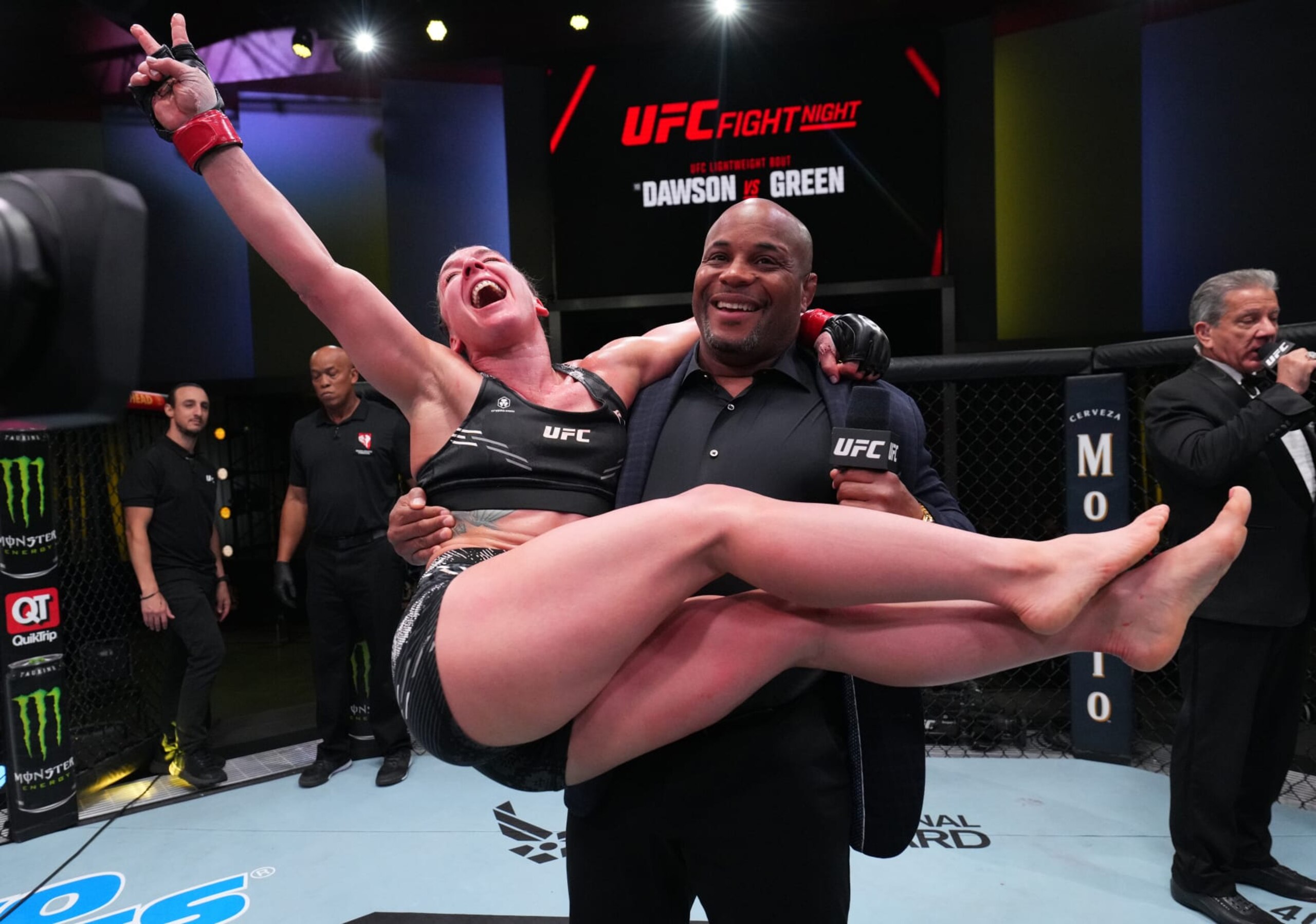 LAS VEGAS, NEVADA - OCTOBER 07: Vanessa Demopoulos reacts after her victory over Kanako Murata of Japan in a strawweight fight during the UFC Fight Night weigh-in at UFC APEX on October 07, 2023 in Las Vegas, Nevada. (Photo by Al Powers/Zuffa LLC via Getty Images)