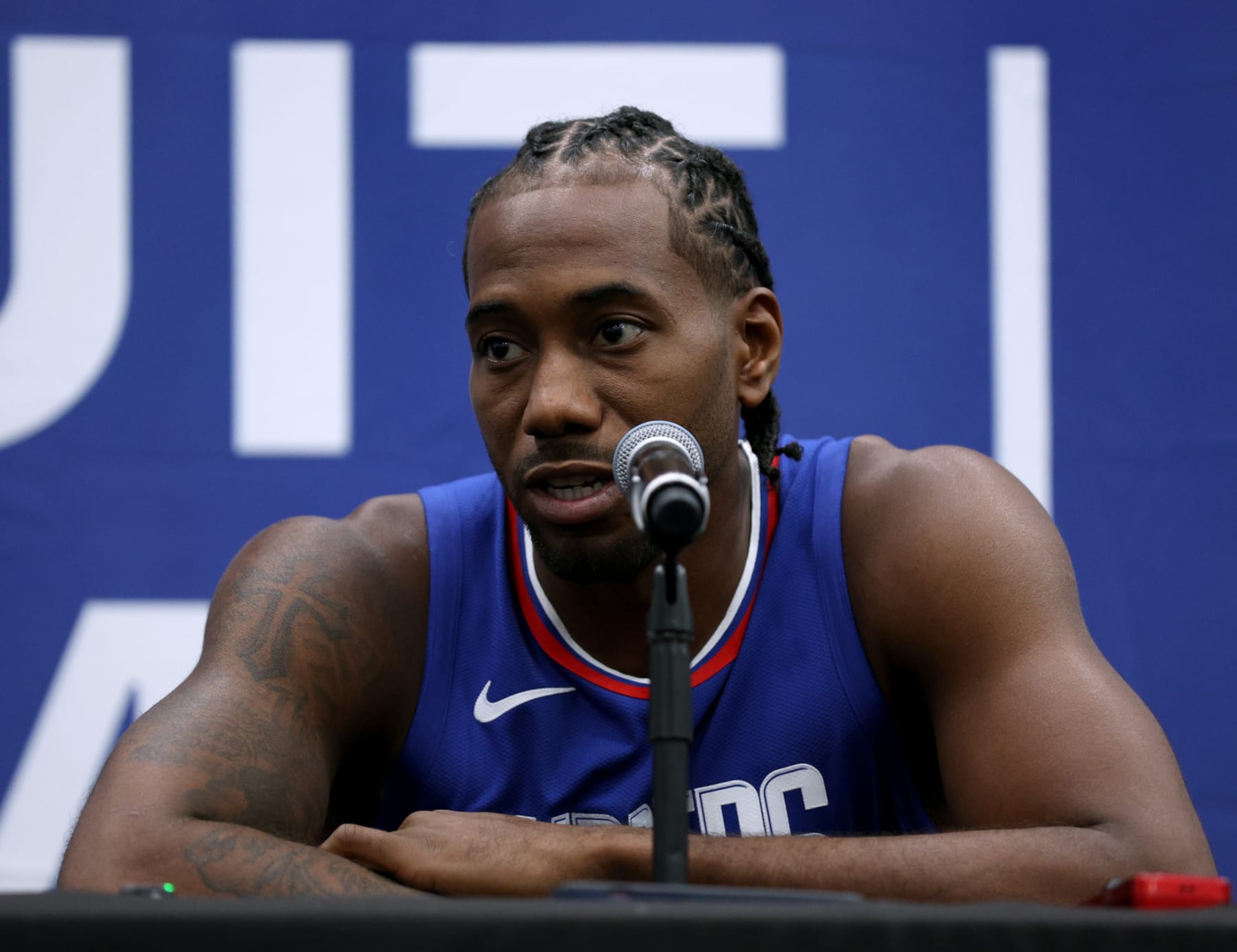 PLAYA VISTA, CALIFORNIA - OCTOBER 02: Kawhi Leonard #2 of the LA Clippers speaks to members of the media on Los Angeles Clippers Media Day at Honey Training Center on October 02, 2023 in Playa Vista, California. (Photo by Harry How/Getty Images)