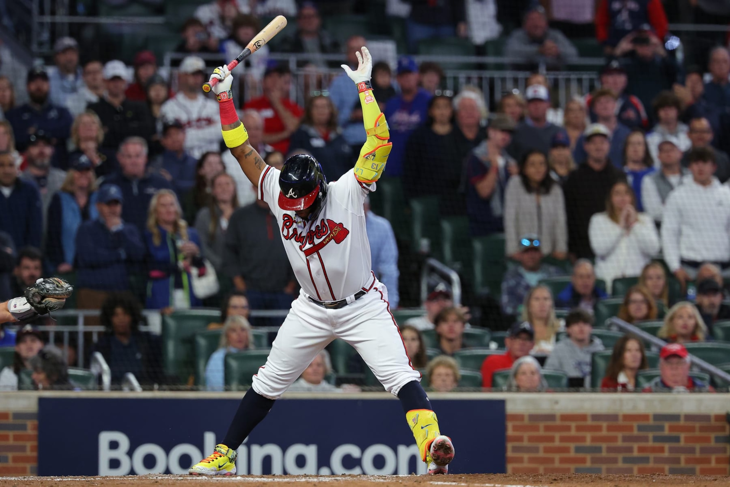ATLANTA, GEORGIA - OCTOBER 07: Ronald Acuna Jr. #13 of the Atlanta Braves reacts after striking out during the fifth inning against the Philadelphia Phillies during Game One of the Division Series at Truist Park on October 07, 2023 in Atlanta, Georgia. (Photo by Kevin C. Cox/Getty Images)