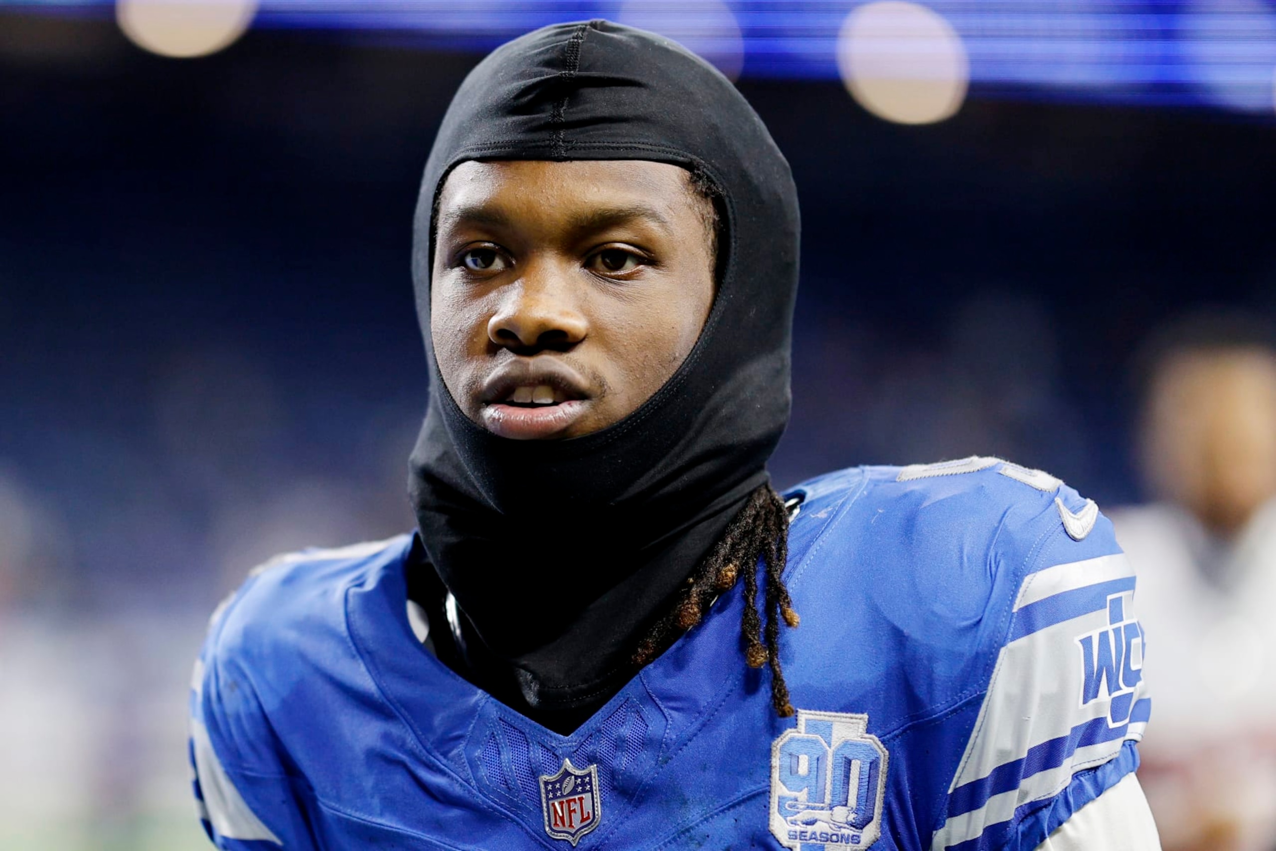 DETROIT, MICHIGAN - AUGUST 11: Jameson Williams #9 of the Detroit Lions walks off the field after a preseason game against the New York Giants at Ford Field on August 11, 2023 in Detroit, Michigan. (Photo by Mike Mulholland/Getty Images)