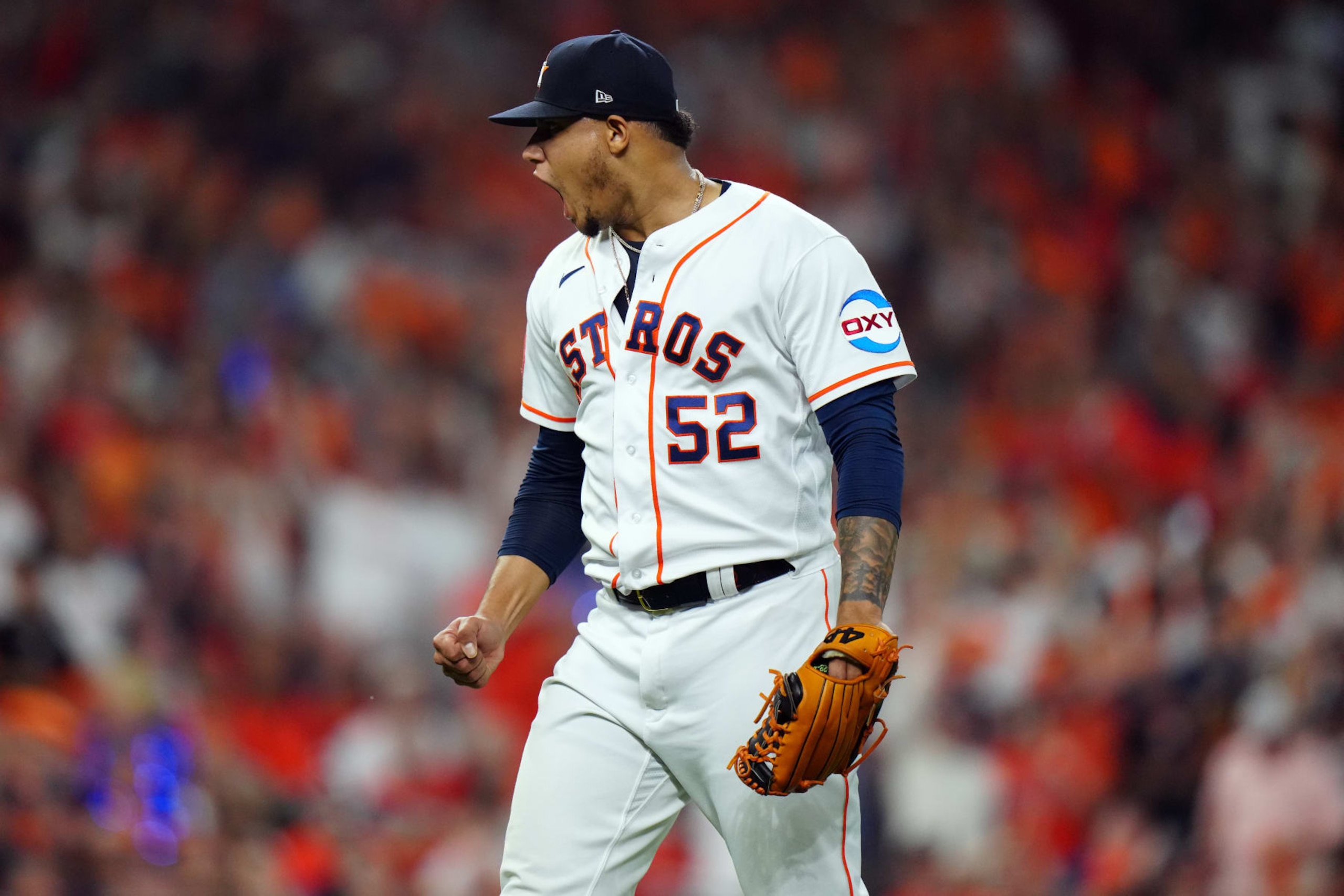 HOUSTON, TX - OCTOBER 07:  Bryan Abreu #52 of the Houston Astros reacts in the eighth inning during Game 1 of the Division Series between the Minnesota Twins and the Houston Astros at Minute Maid Park on Saturday, October 7, 2023 in Houston, Texas. (Photo by Daniel Shirey/MLB Photos via Getty Images)