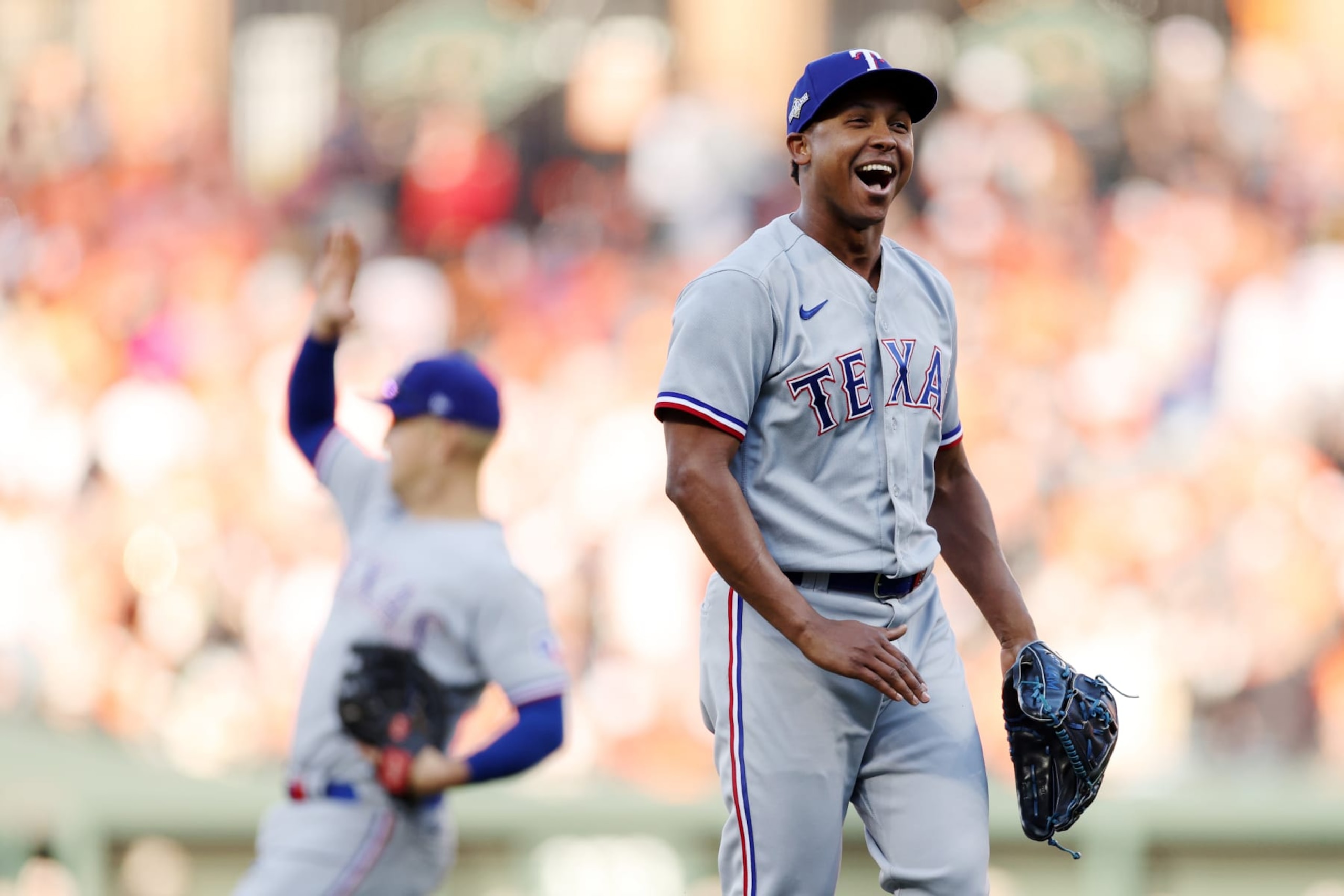 BALTIMORE, MARYLAND - OCTOBER 07: Jose Leclerc #25 of the Texas Rangers reacts after the final out during the ninth inning of Game One of the American League Division Series against the Baltimore Orioles at Oriole Park at Camden Yards on October 07, 2023 in Baltimore, Maryland. The Rangers won 3-2. (Photo by Patrick Smith/Getty Images)