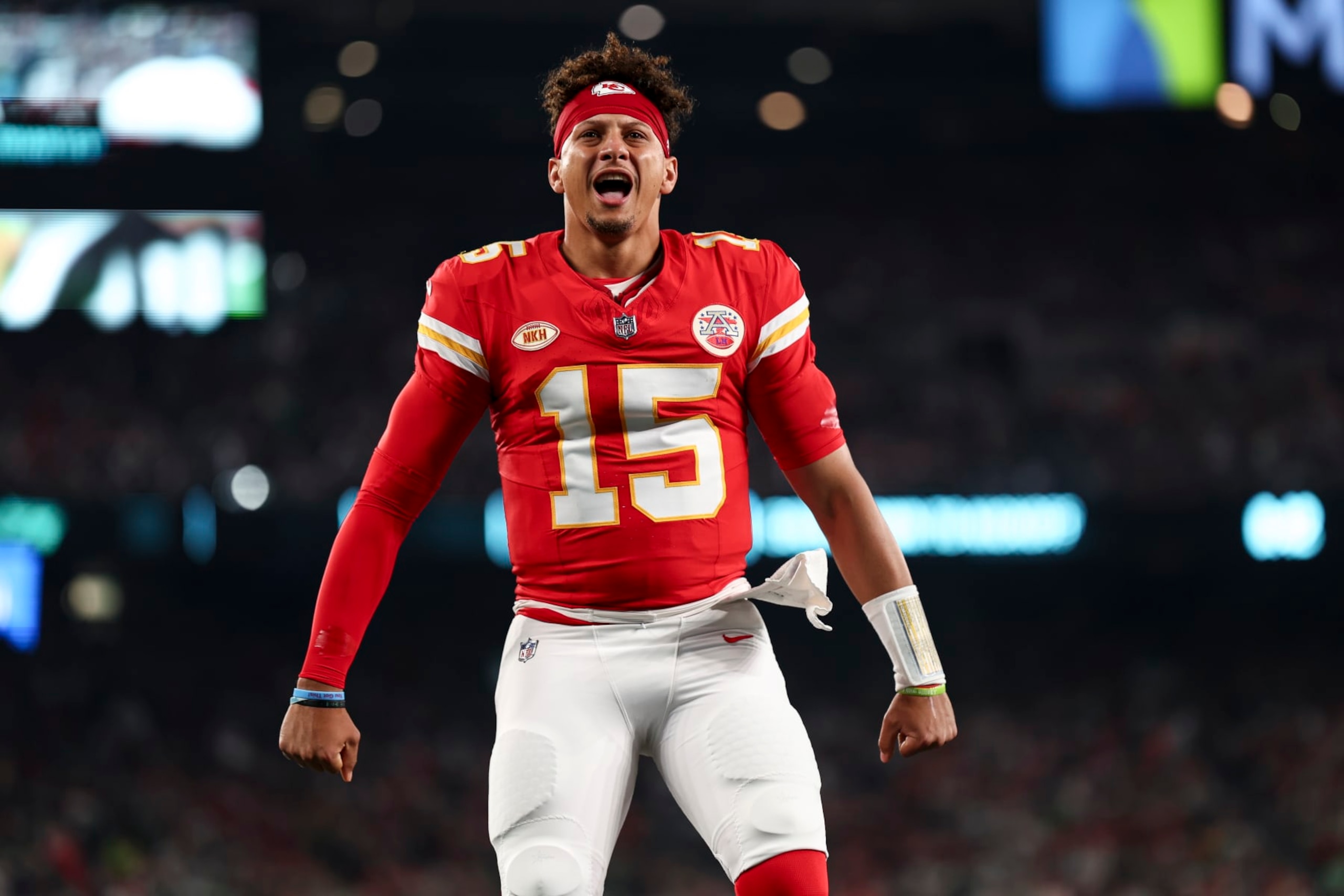 EAST RUTHERFORD, NJ - OCTOBER 1: Patrick Mahomes #15 of the Kansas City Chiefs screams prior to an NFL football game against the New York Jets at MetLife Stadium on October 1, 2023 in East Rutherford, New Jersey. (Photo by Kevin Sabitus/Getty Images)