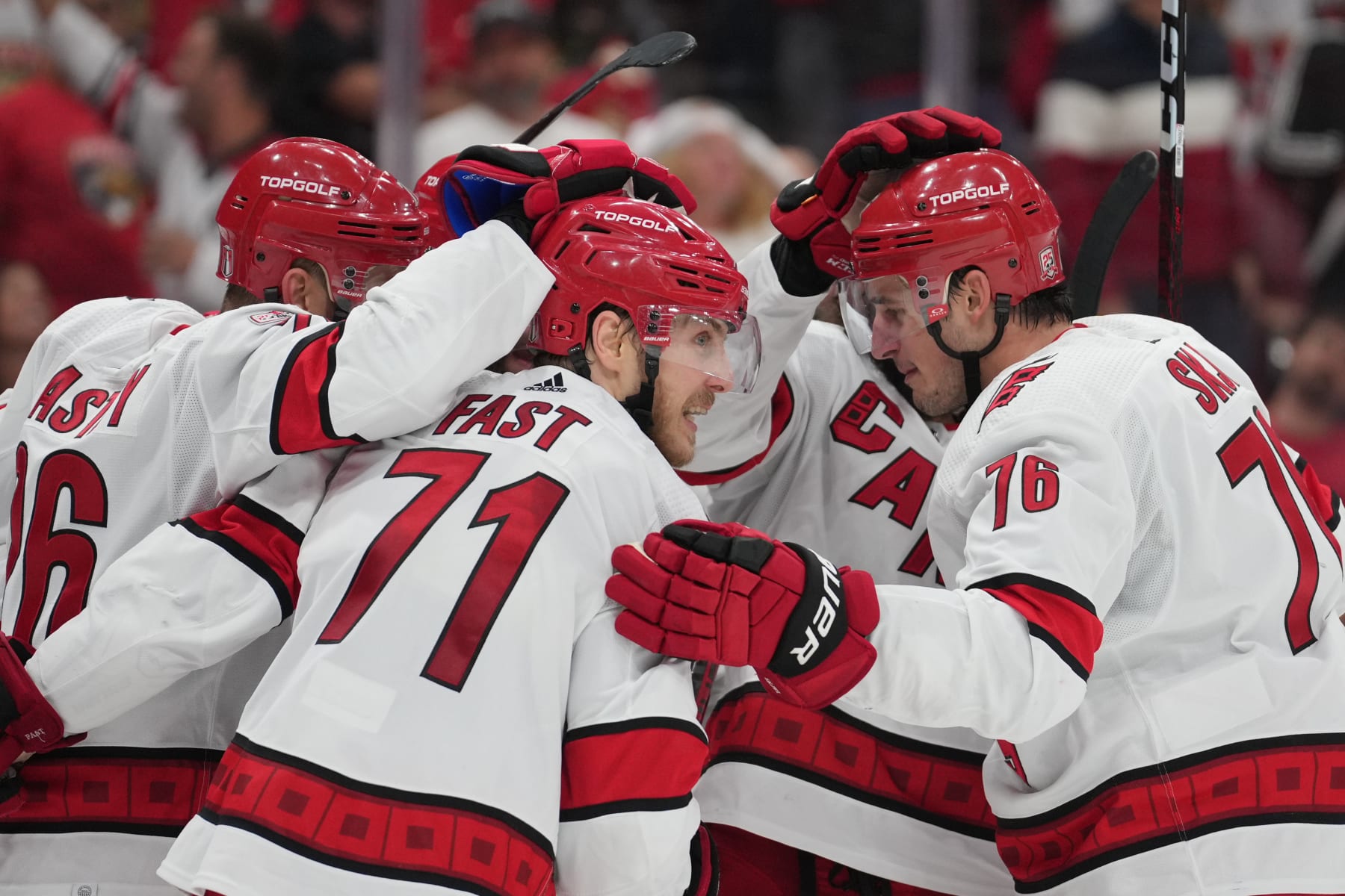 SUNRISE, FL - MAY 24: Carolina Hurricanes players celebrate after a game tying goal in the third period during game four of the Eastern Conference Finals between the Carolina Hurricanes and the Florida Panthers on Wednesday, May 24, 2023 at FLA Live Arena in Sunrise, Fla. (Photo by Peter Joneleit/Icon Sportswire via Getty Images)