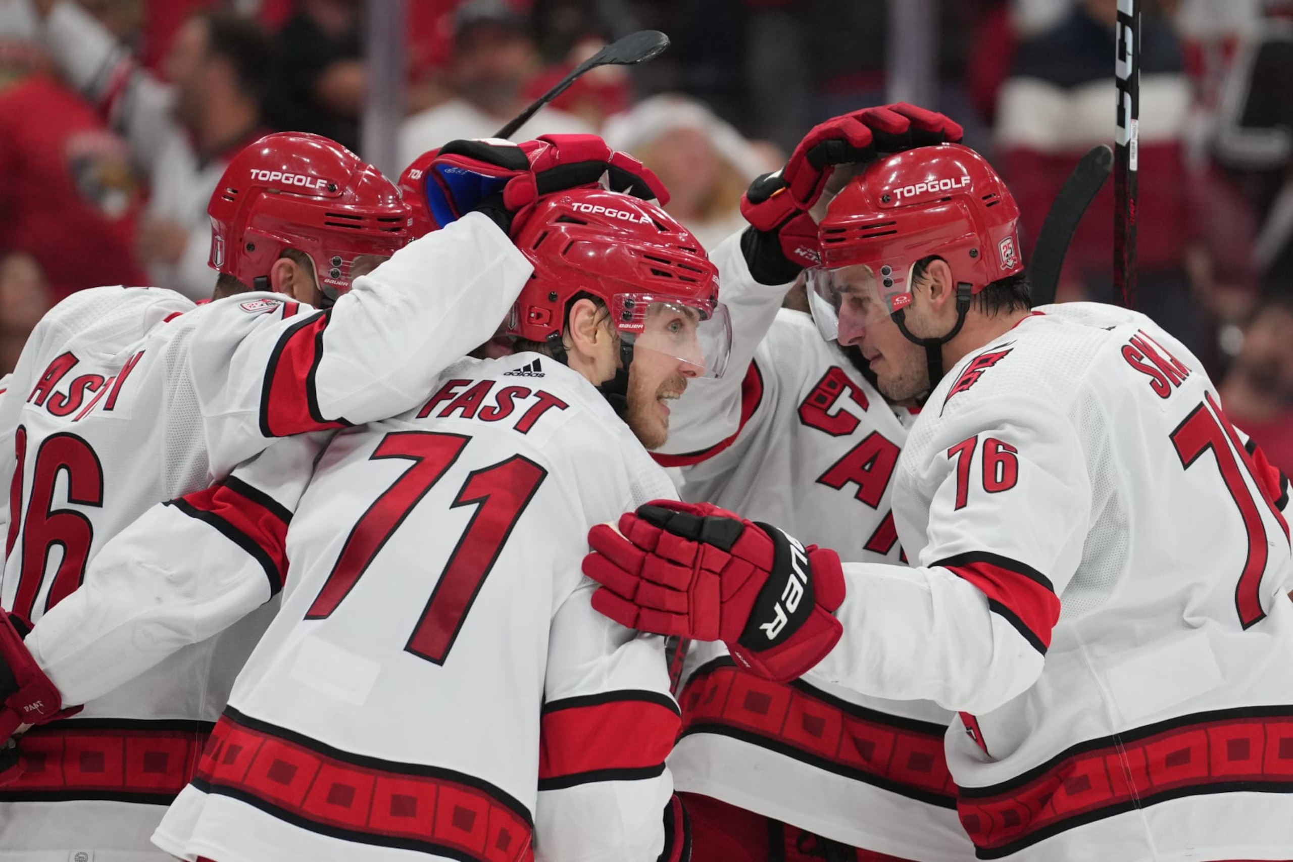 SUNRISE, FL - MAY 24: Carolina Hurricanes players celebrate after a game tying goal in the third period during game four of the Eastern Conference Finals between the Carolina Hurricanes and the Florida Panthers on Wednesday, May 24, 2023 at FLA Live Arena in Sunrise, Fla. (Photo by Peter Joneleit/Icon Sportswire via Getty Images)