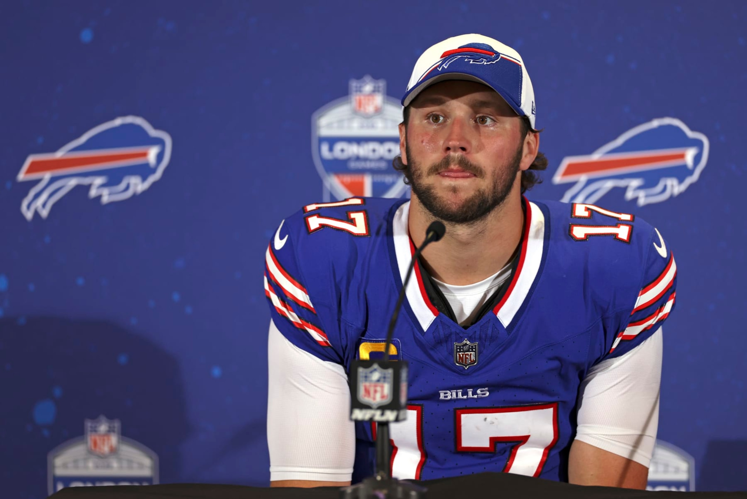 Buffalo Bills quarterback Josh Allen (17) attends the press conference after an NFL football game between Jacksonville Jaguars and Buffalo Bills at the Tottenham Hotspur stadium in London, Sunday, Oct. 8, 2023. The Jaguars won the match 25-20. (AP Photo/Ian Walton)