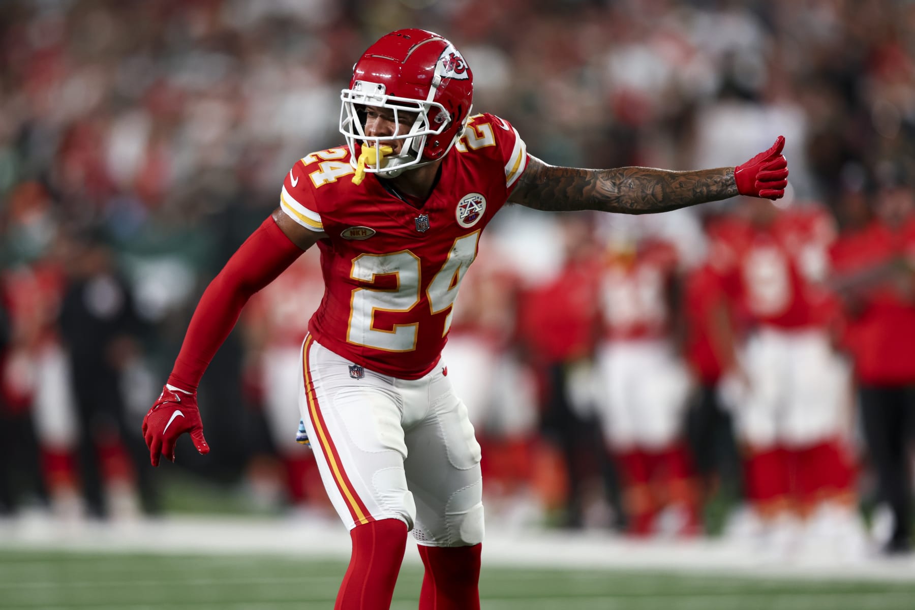 EAST RUTHERFORD, NJ - OCTOBER 1: Skyy Moore #24 of the Kansas City Chiefs lines up before a play during an NFL football game against the New York Jets at MetLife Stadium on October 1, 2023 in East Rutherford, New Jersey. (Photo by Kevin Sabitus/Getty Images)