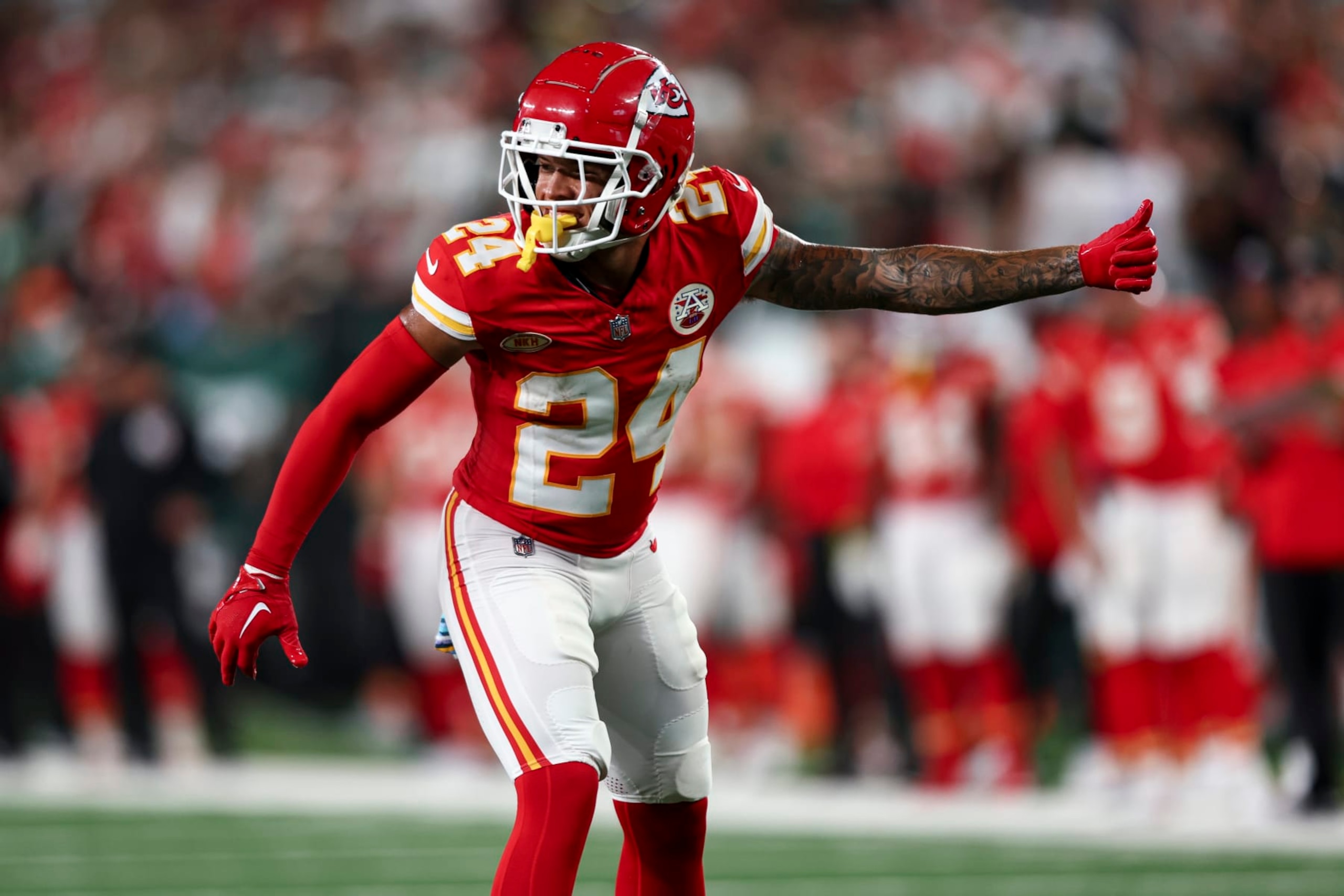 EAST RUTHERFORD, NJ - OCTOBER 1: Skyy Moore #24 of the Kansas City Chiefs lines up before a play during an NFL football game against the New York Jets at MetLife Stadium on October 1, 2023 in East Rutherford, New Jersey. (Photo by Kevin Sabitus/Getty Images)