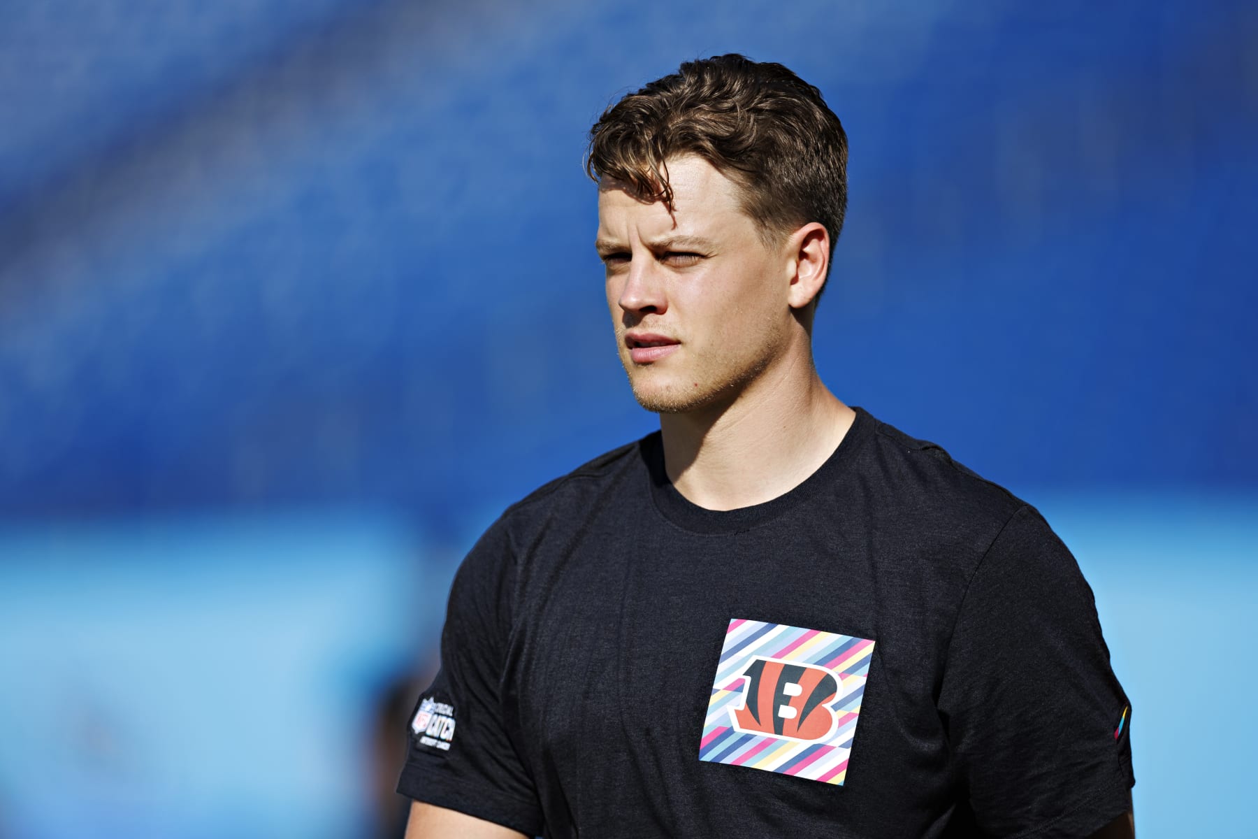 NASHVILLE, TENNESSEE - OCTOBER 1:  Joe Burrow #9 of the Cincinnati Bengals warms up before the game against the Tennessee Titans at Nissan Stadium on October 1, 2023 in Nashville, Tennessee.  The Titans defeated the Bengals 27-3.  (Photo by Wesley Hitt/Getty Images)
