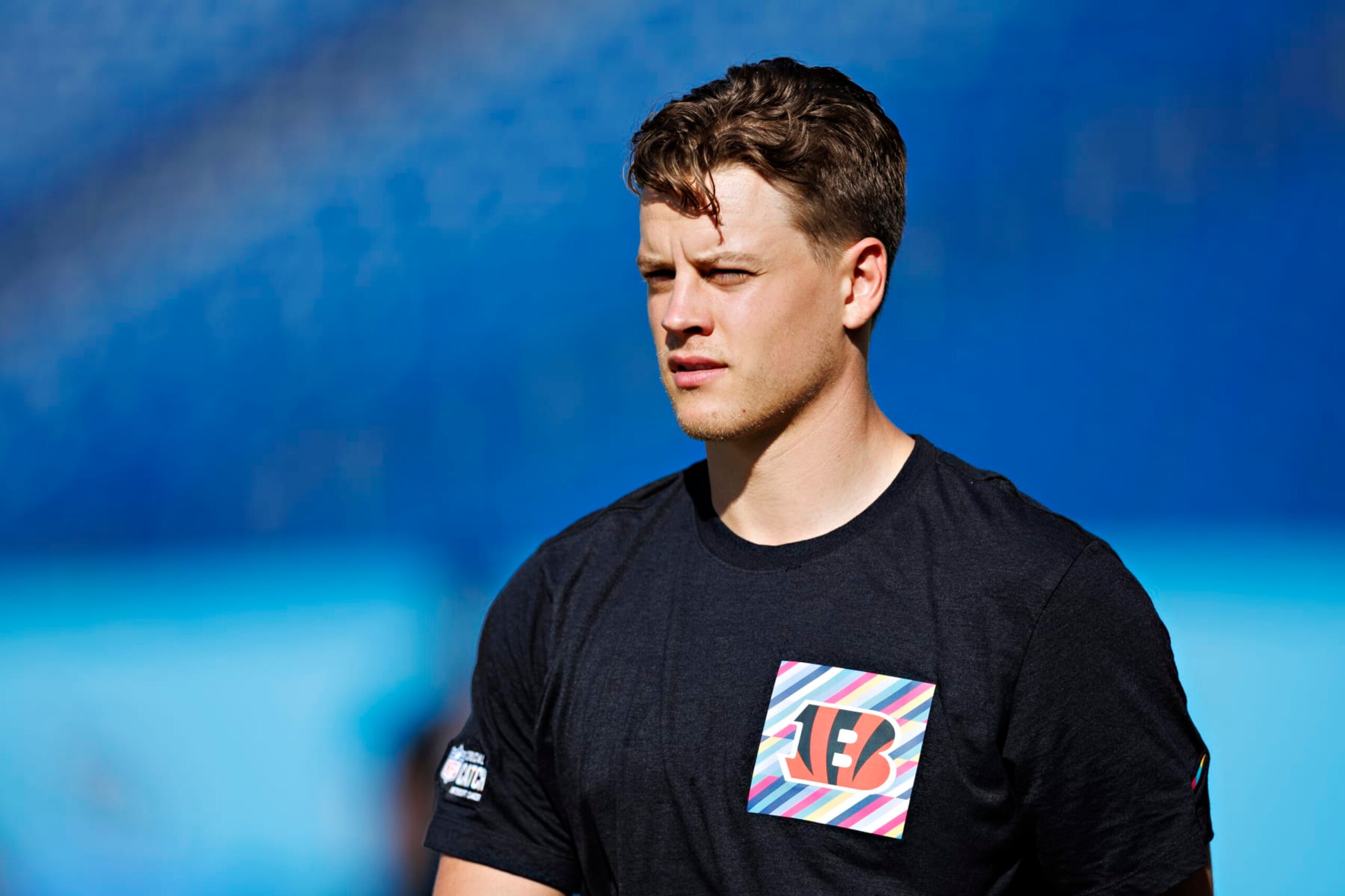 NASHVILLE, TENNESSEE - OCTOBER 1:  Joe Burrow #9 of the Cincinnati Bengals warms up before the game against the Tennessee Titans at Nissan Stadium on October 1, 2023 in Nashville, Tennessee.  The Titans defeated the Bengals 27-3.  (Photo by Wesley Hitt/Getty Images)