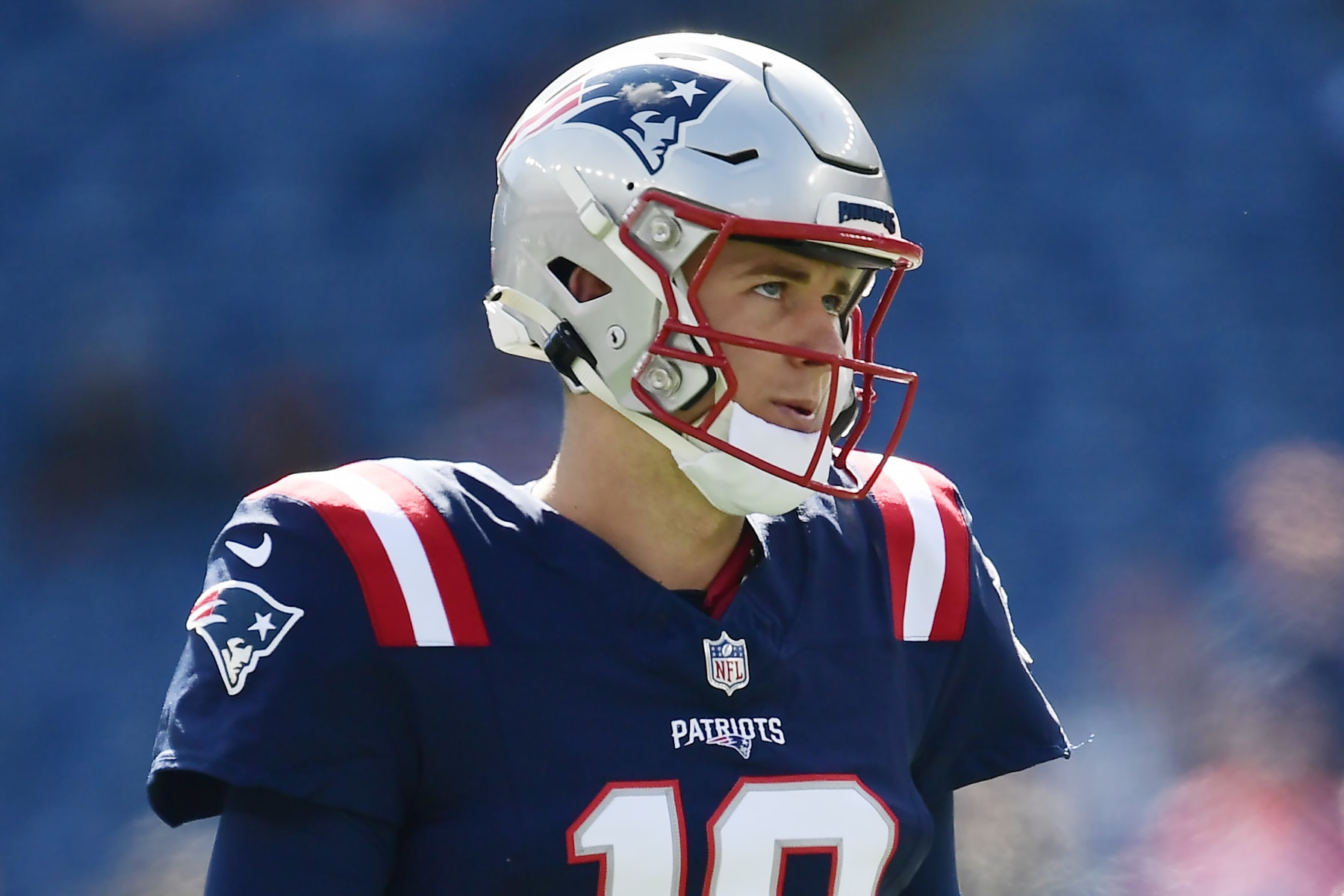 FOXBOROUGH, MASSACHUSETTS - OCTOBER 08: Mac Jones #10 of the New England Patriots looks on prior to a game against the New Orleans Saints at Gillette Stadium on October 08, 2023 in Foxborough, Massachusetts. (Photo by Maddie Malhotra/Getty Images)