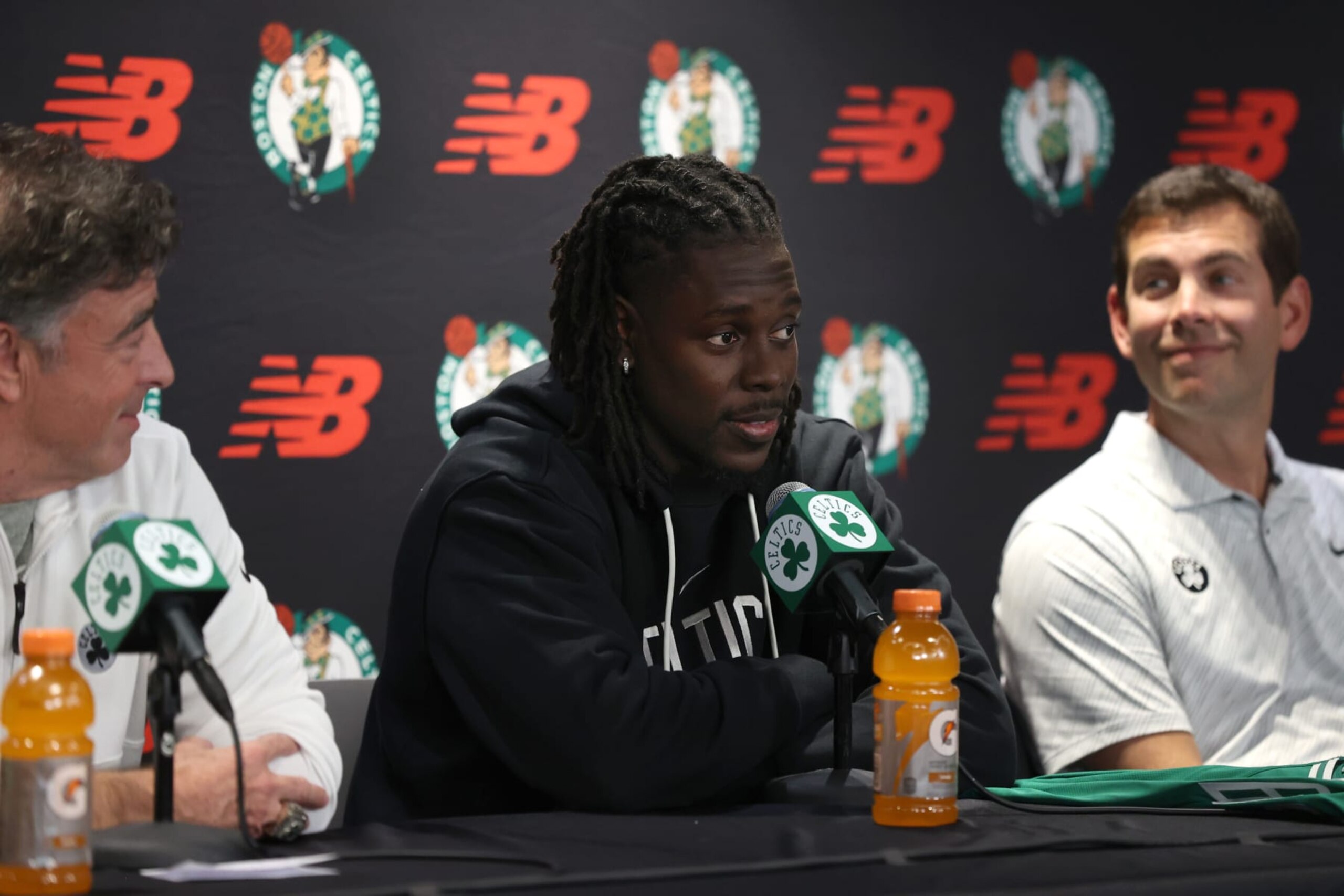 Boston, MA - October 3: Boston Celtics PG Jrue Holiday, center, speaks at his introductory press conference. He is flanked by team owner Wyc Grousbeck and President of Basketball Operations Brad Stevens. (Photo by Jonathan Wiggs/The Boston Globe via Getty Images) Boston, MA - October 3: Boston Celtics PG Jrue Holiday, center, speaks at his introductory press conference. He is flanked by team owner Wyc Grousbeck and President of Basketball Operations Brad Stevens. (Photo by Jonathan Wiggs/The Boston Globe via Getty Images)