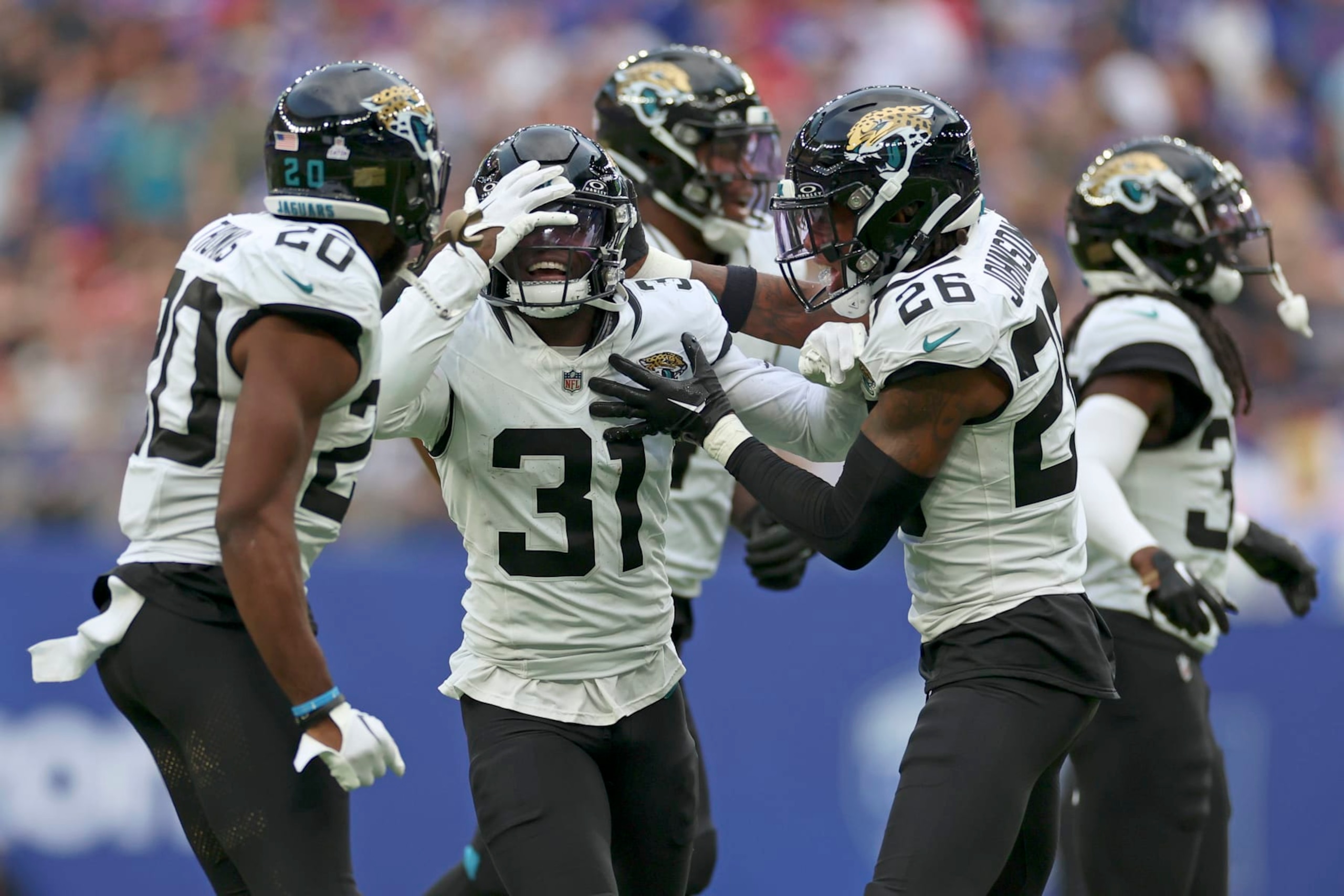 Jacksonville Jaguars cornerback Darious Williams (31) reacts after forcing a turnover during an NFL football game between Jacksonville Jaguars and Buffalo Bills at the Tottenham Hotspur stadium in London, Sunday, Oct. 8, 2023. (AP Photo/Ian Walton) Jacksonville Jaguars cornerback Darious Williams (31) reacts after forcing a turnover during an NFL football game between Jacksonville Jaguars and Buffalo Bills at the Tottenham Hotspur stadium in London, Sunday, Oct. 8, 2023. (AP Photo/Ian Walton)