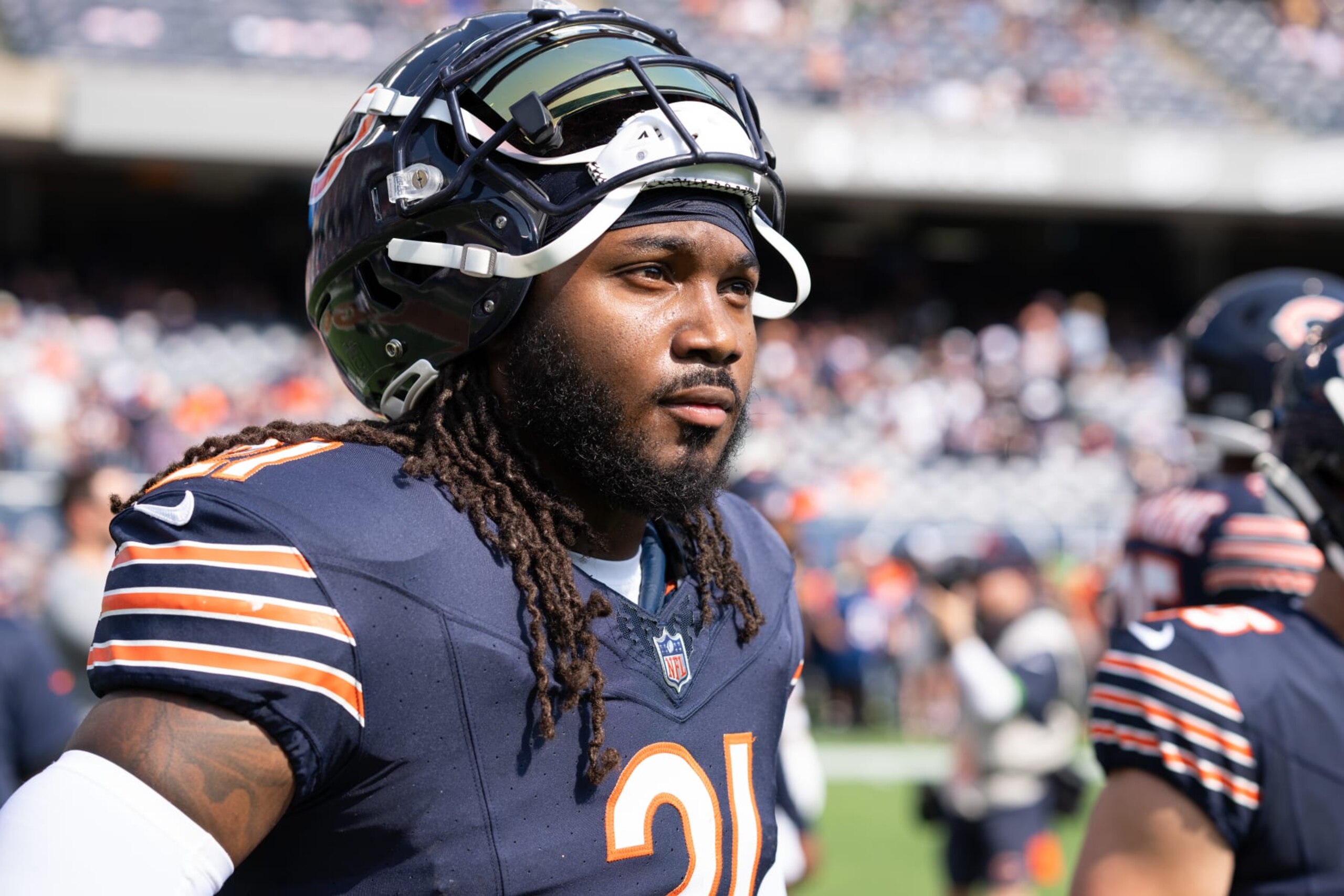 CHICAGO, IL - SEPTEMBER 10: Running Back D'Onta Foreman #21 of the Chicago Bears looks on prior to an NFL football game against the Green Bay Packers at Soldier Field on September 10, 2023 in Chicago, Illinois. (Photo by Todd Rosenberg/Getty Images) CHICAGO, IL - SEPTEMBER 10: Running Back D'Onta Foreman #21 of the Chicago Bears looks on prior to an NFL football game against the Green Bay Packers at Soldier Field on September 10, 2023 in Chicago, Illinois. (Photo by Todd Rosenberg/Getty Images)