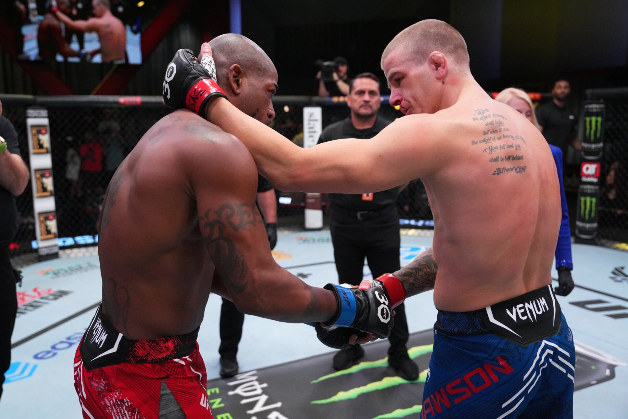 LAS VEGAS, NEVADA - OCTOBER 07: (R-L) Grant Dawson congratulates Bobby Green after Green won the lightweight fight during the UFC Fight Night weigh-in at UFC APEX on October 07, 2023 in Las Vegas, Nevada. (Photo by Al Powers/Zuffa LLC via Getty Images) LAS VEGAS, NEVADA - OCTOBER 07: (R-L) Grant Dawson congratulates Bobby Green after Green won the lightweight fight during the UFC Fight Night weigh-in at UFC APEX on October 07, 2023 in Las Vegas, Nevada. (Photo by Al Powers/Zuffa LLC via Getty Images)