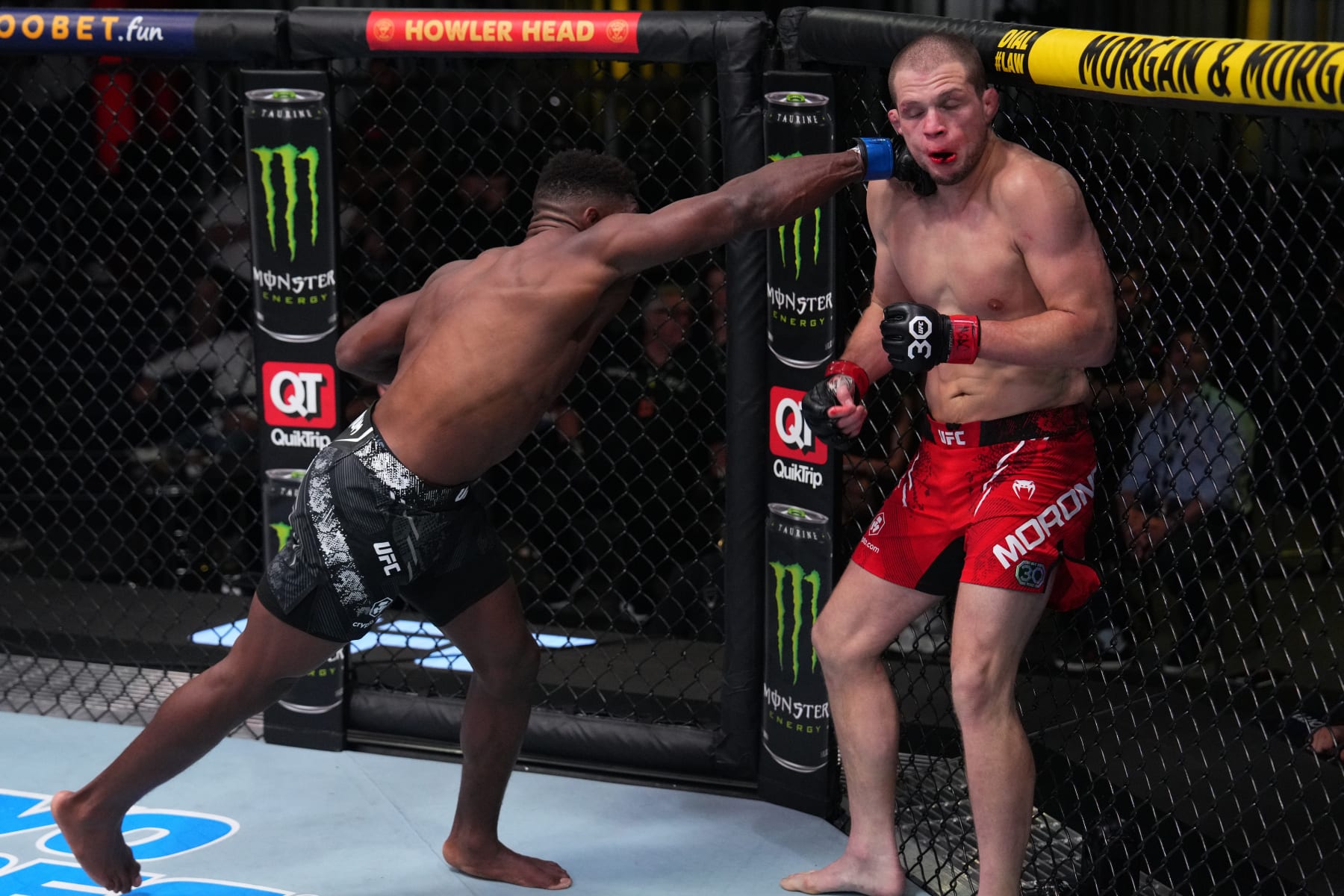 LAS VEGAS, NEVADA - OCTOBER 07: (L-R) Joaquin Buckley punches Alex Morono in a middleweight fight during the UFC Fight Night weigh-in at UFC APEX on October 07, 2023 in Las Vegas, Nevada. (Photo by Al Powers/Zuffa LLC via Getty Images)