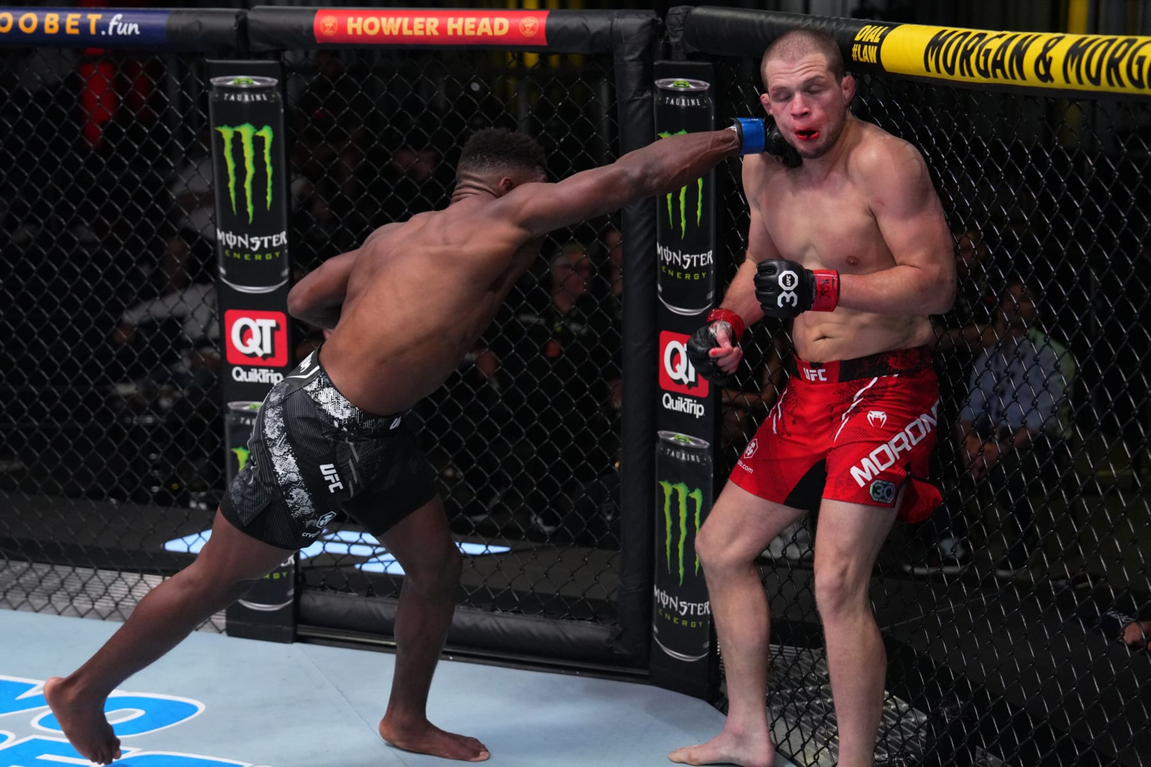 LAS VEGAS, NEVADA - OCTOBER 07: (L-R) Joaquin Buckley punches Alex Morono in a middleweight fight during the UFC Fight Night weigh-in at UFC APEX on October 07, 2023 in Las Vegas, Nevada. (Photo by Al Powers/Zuffa LLC via Getty Images)