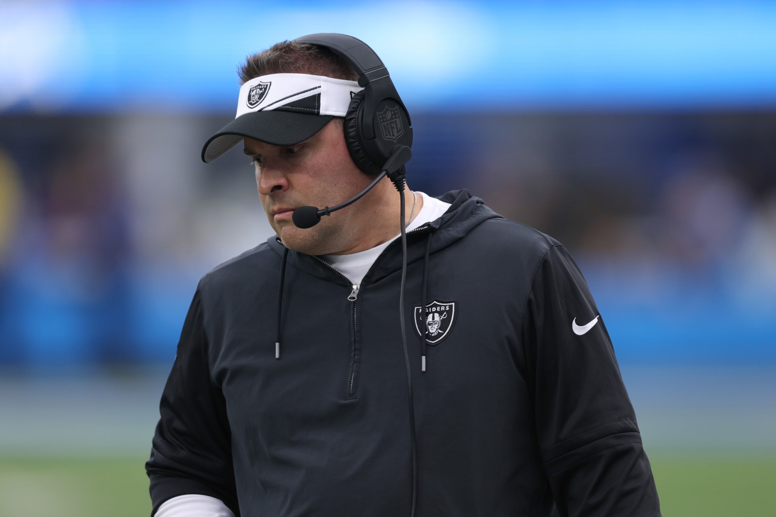INGLEWOOD, CALIFORNIA - OCTOBER 01: Head coach Josh McDaniels on the sidelines during a 24-17 loss to the Los Angeles Chargers at SoFi Stadium on October 01, 2023 in Inglewood, California. (Photo by Harry How/Getty Images)