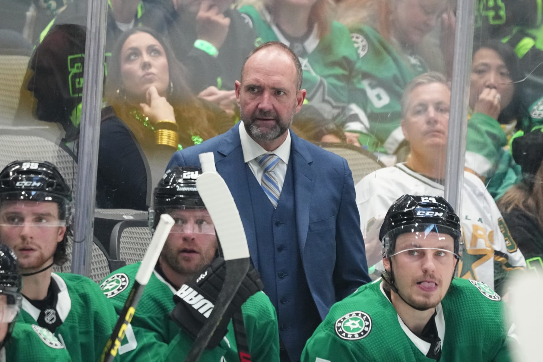 DALLAS, TX  MAY 2: Pete DeBoer of the Dallas Stars coaches against the Seattle Kraken in Game One of the Second Round of the 2023 Stanley Cup Playoffs at American Airlines Center on May 2, 2023, in Dallas, Texas (Photo by Glenn James/NHLI via Getty Images)