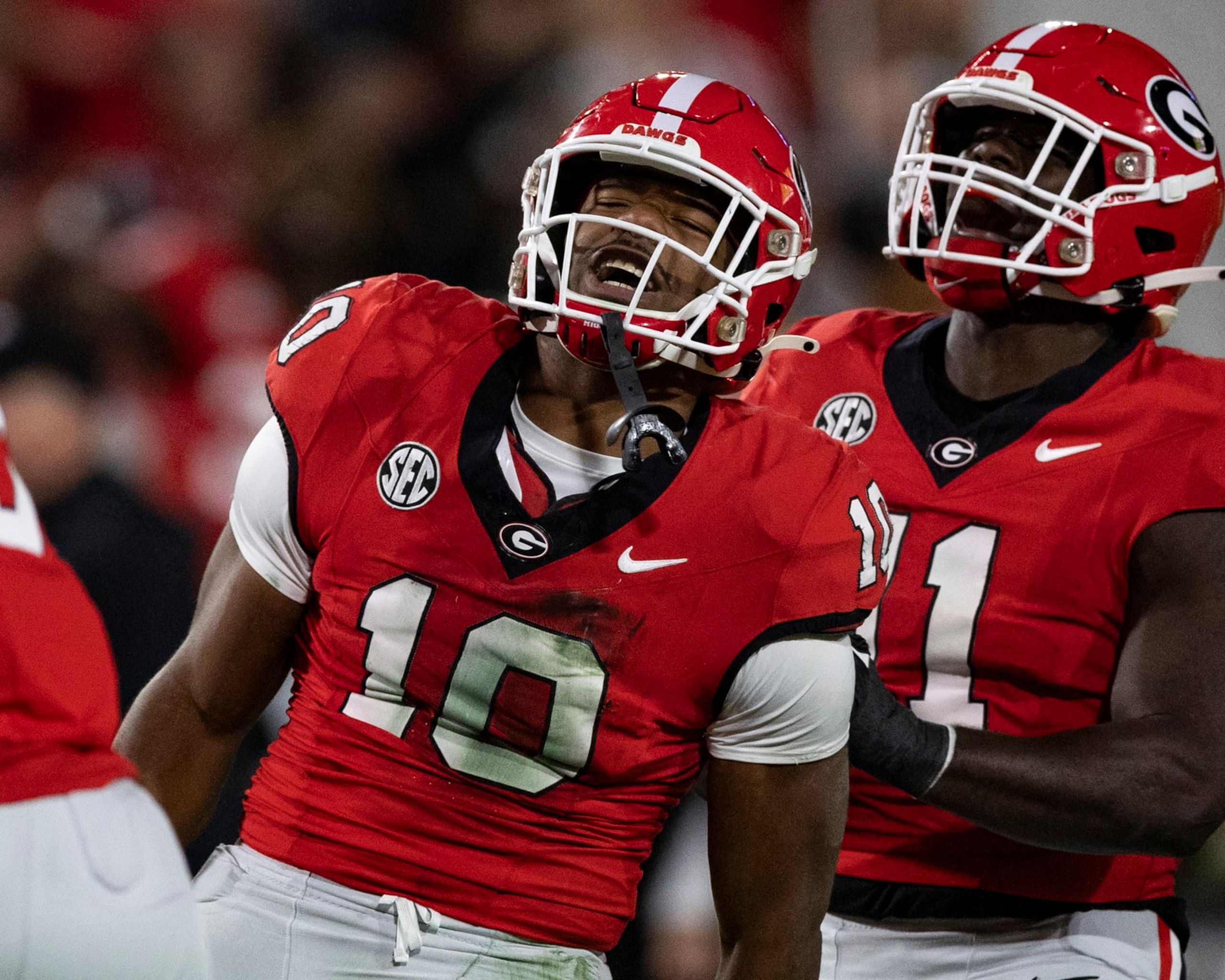 ATHENS, GA - OCTOBER 7: Jamon Dumas-Johnson #10 of the Georgia Bulldogs celebrates a sack during a game between University of Kentucky and University of Georgia at Sanford Stadium on October 7, 2023 in Athens, Georgia. (Photo by Steve Limentani/ISI Photos/Getty Images)