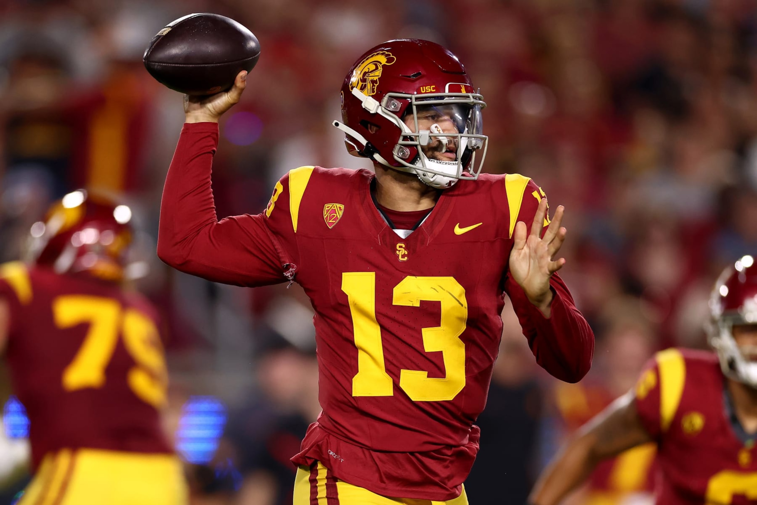 LOS ANGELES, CALIFORNIA - OCTOBER 07: Caleb Williams #13 of the USC Trojans passes the ball during the first quarter against the Arizona Wildcats at United Airlines Field at the Los Angeles Memorial Coliseum on October 07, 2023 in Los Angeles, California. (Photo by Katelyn Mulcahy/Getty Images)