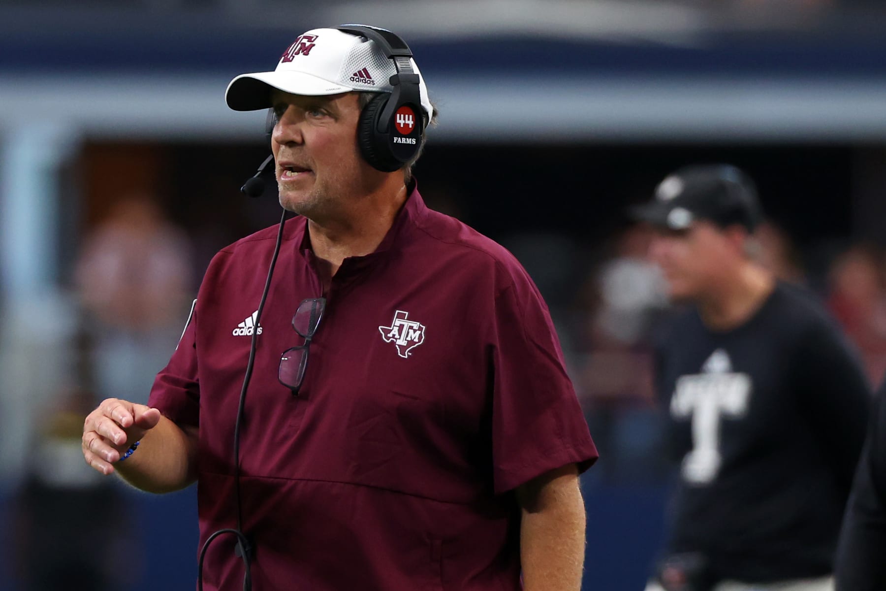 ARLINGTON, TEXAS - SEPTEMBER 30: Head coach Jimbo Fisher of the Texas A&M Aggies is seen on the sideline in the fourth quarter of the Southwest Classic against the Arkansas Razorbacks at AT&T Stadium on September 30, 2023 in Arlington, Texas. (Photo by Richard Rodriguez/Getty Images)