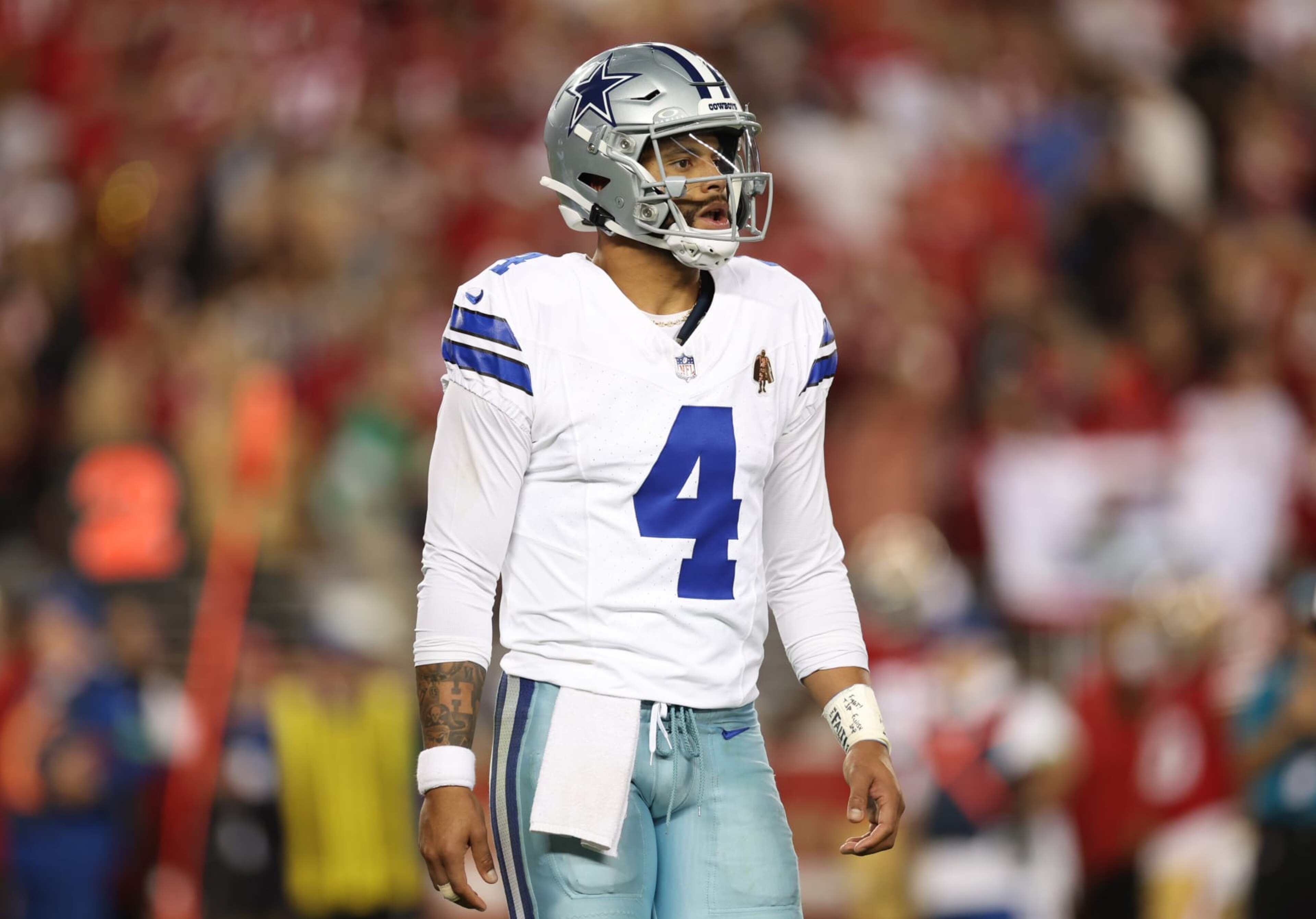 SANTA CLARA, CALIFORNIA - OCTOBER 08: Dak Prescott #4 of the Dallas Cowboys reacts after an interception during the fourth quarter against the San Francisco 49ers at Levi's Stadium on October 08, 2023 in Santa Clara, California. (Photo by Ezra Shaw/Getty Images)