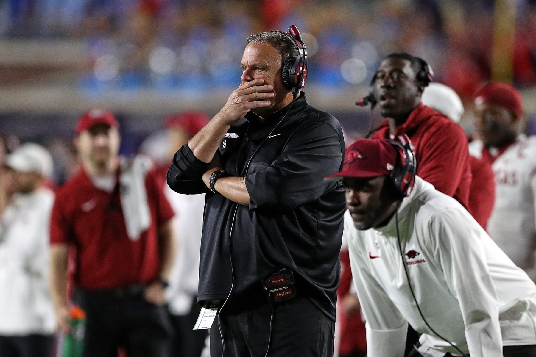 OXFORD, MISSISSIPPI - OCTOBER 07: Head coach Sam Pittman of the Arkansas Razorbacks looks on from the sideline during the first half against the Mississippi Rebels at Vaught-Hemingway Stadium on October 07, 2023 in Oxford, Mississippi. (Photo by Justin Ford/Getty Images)