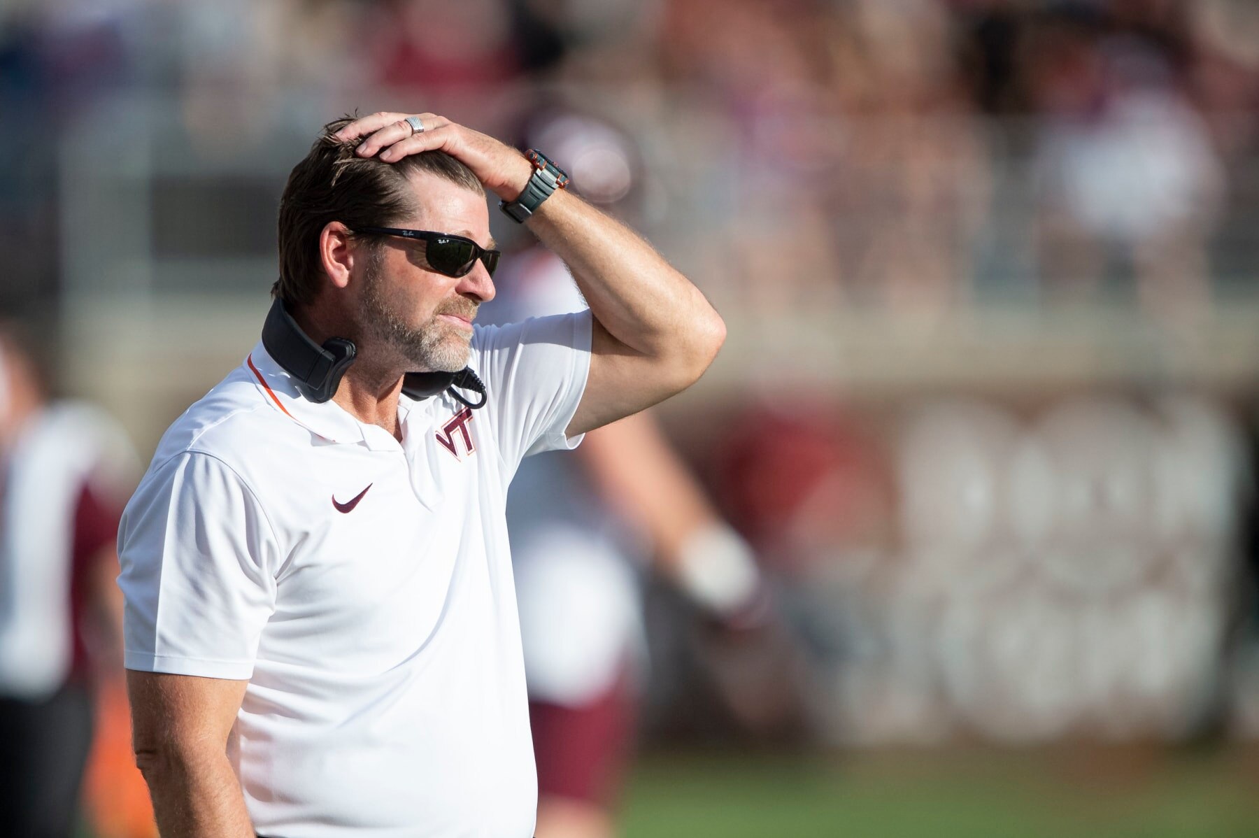 TALLAHASSEE, FLORIDA - OCTOBER 07: Head coach Brent Pry of the Virginia Tech Hokies reacts during the second half of their game against the Florida State Seminoles at Doak Campbell Stadium on October 07, 2023 in Tallahassee, Florida. (Photo by Michael Chang/Getty Images)