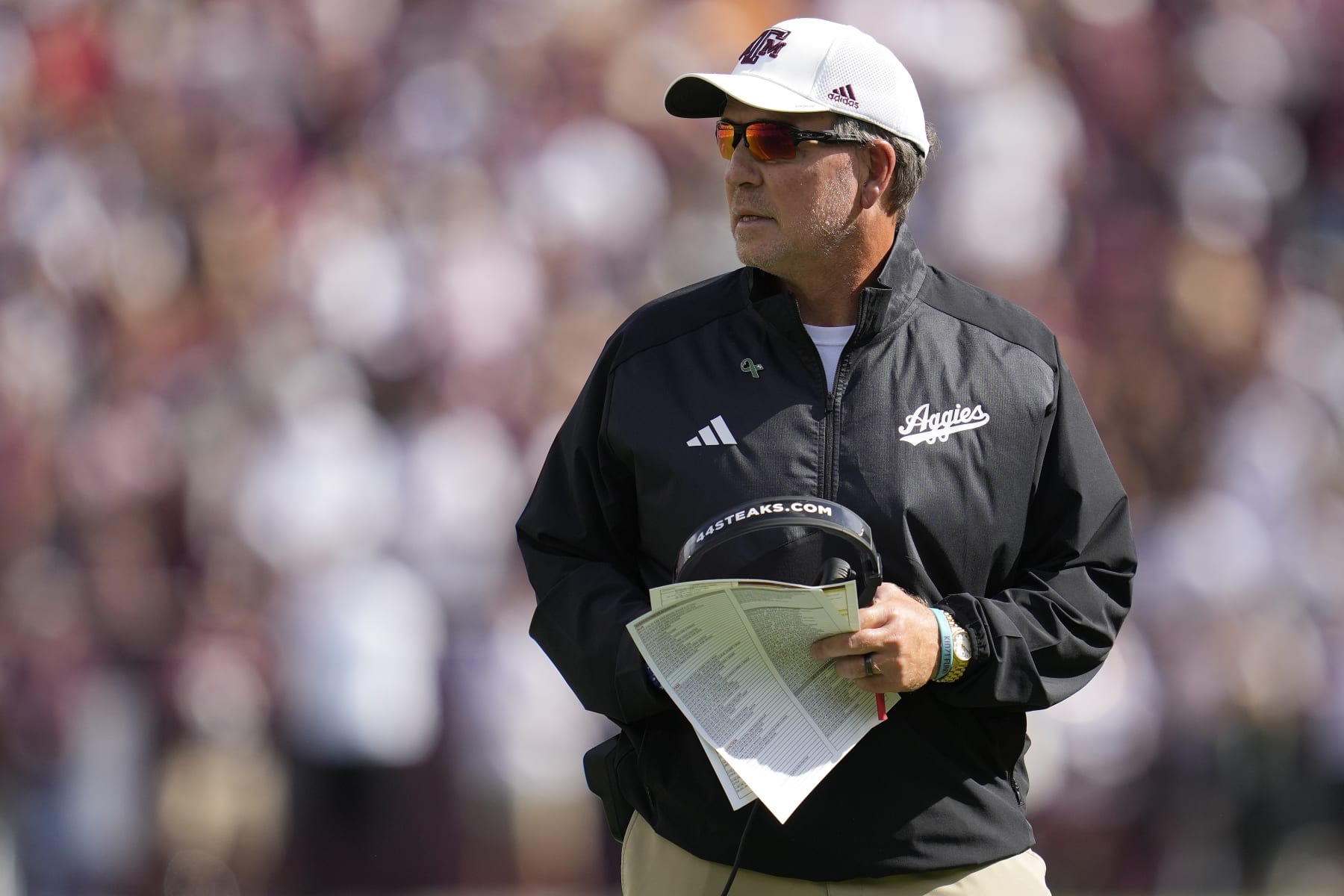 Texas A&M head coach Jimbo Fisher reacts to a call against his offense during the first half of an NCAA college football game against Alabama Saturday, Oct. 7, 2023, in College Station, Texas. (AP Photo/Sam Craft)