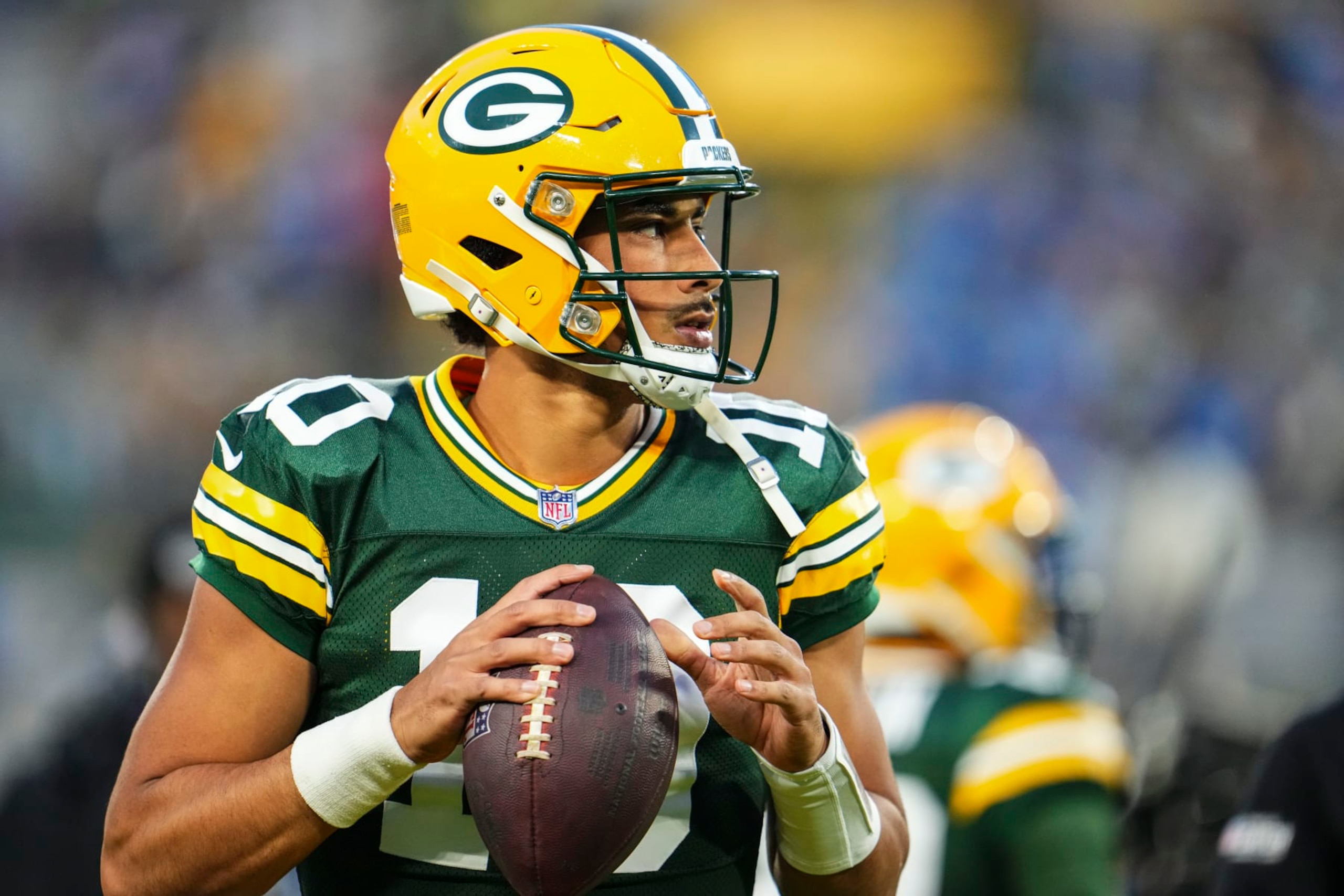 GREEN BAY, WI - SEPTEMBER 28: Jordan Love #10 of the Green Bay Packers warms up prior to at Lambeau Field on September 28, 2023 in Green Bay, Wisconsin. (Photo by Cooper Neill/Getty Images)