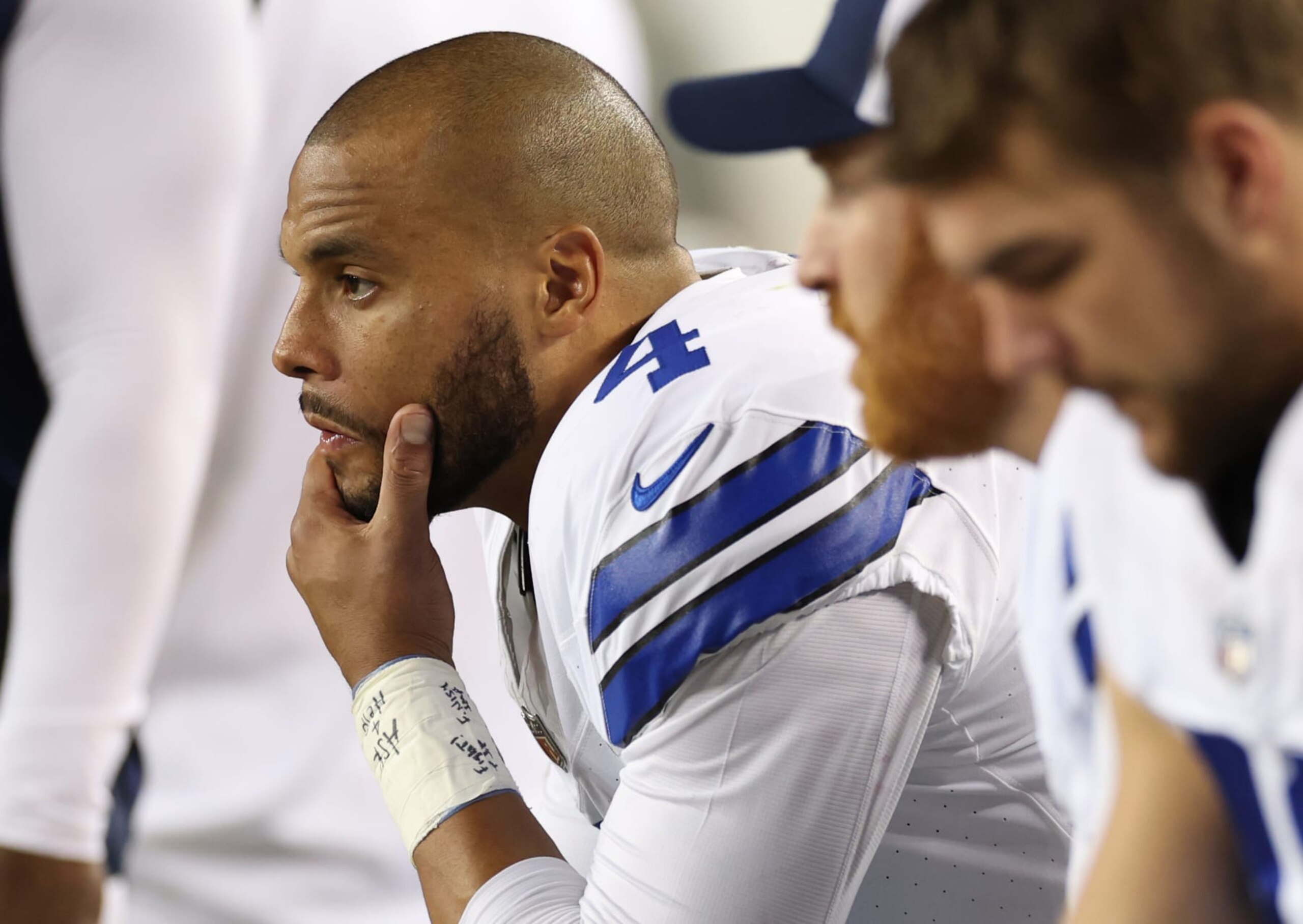 SANTA CLARA, CALIFORNIA - OCTOBER 08: Dak Prescott #4 of the Dallas Cowboys reacts on the bench during the fourth quarter against the San Francisco 49ers at Levi's Stadium on October 08, 2023 in Santa Clara, California. (Photo by Ezra Shaw/Getty Images) SANTA CLARA, CALIFORNIA - OCTOBER 08: Dak Prescott #4 of the Dallas Cowboys reacts on the bench during the fourth quarter against the San Francisco 49ers at Levi's Stadium on October 08, 2023 in Santa Clara, California. (Photo by Ezra Shaw/Getty Images)