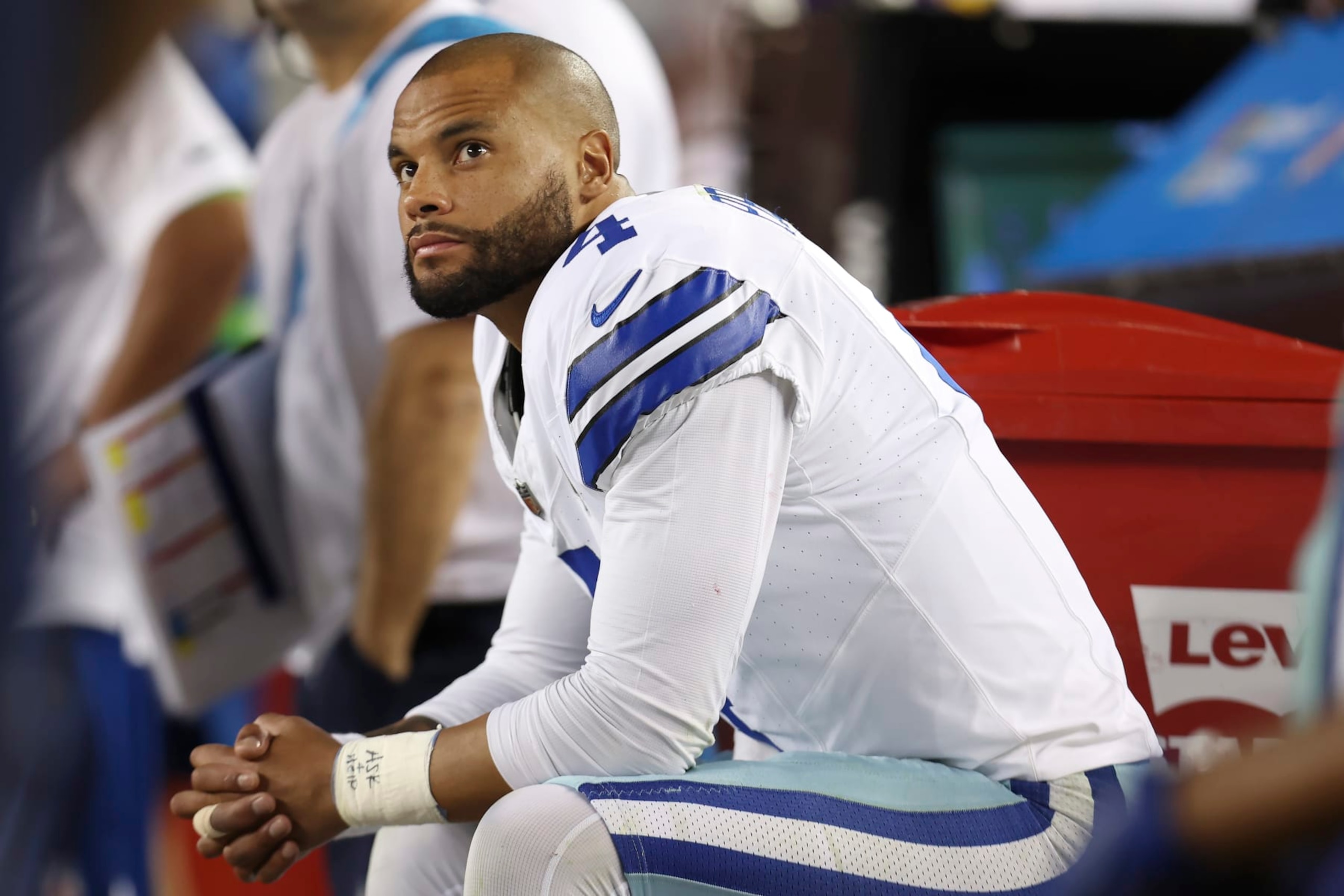 Dallas Cowboys quarterback Dak Prescott sits on the bench during the second half of an NFL football game against the San Francisco 49ers in Santa Clara, Calif., Sunday, Oct. 8, 2023. (AP Photo/Jed Jacobsohn) Dallas Cowboys quarterback Dak Prescott sits on the bench during the second half of an NFL football game against the San Francisco 49ers in Santa Clara, Calif., Sunday, Oct. 8, 2023. (AP Photo/Jed Jacobsohn)