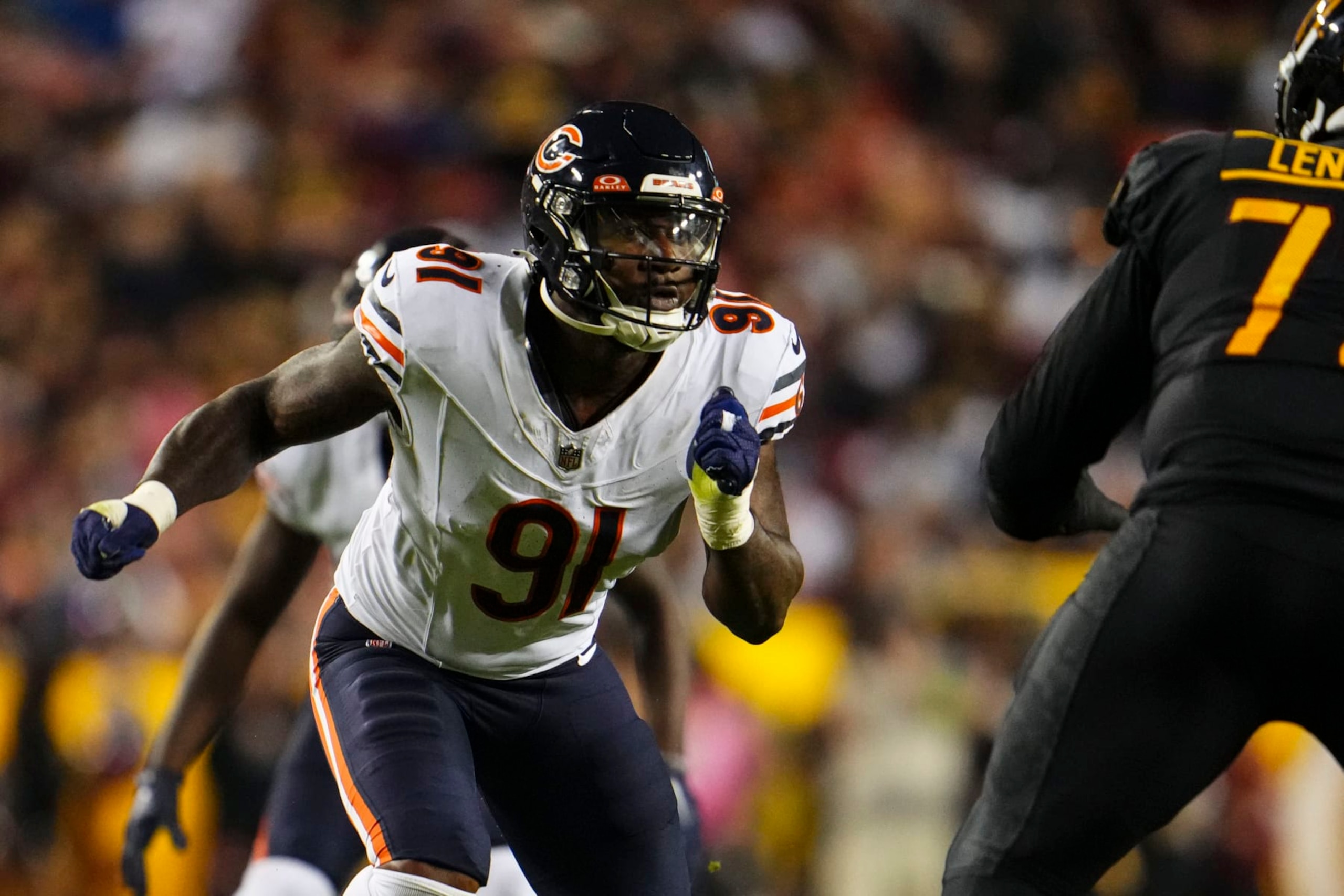 LANDOVER, MD - OCTOBER 05: Yannick Ngakoue #91 of the Chicago Bears rushes the passer during an NFL game against the Washington Commanders at FedEx Field on October 5, 2023 in Landover, Maryland. (Photo by Cooper Neill/Getty Images)