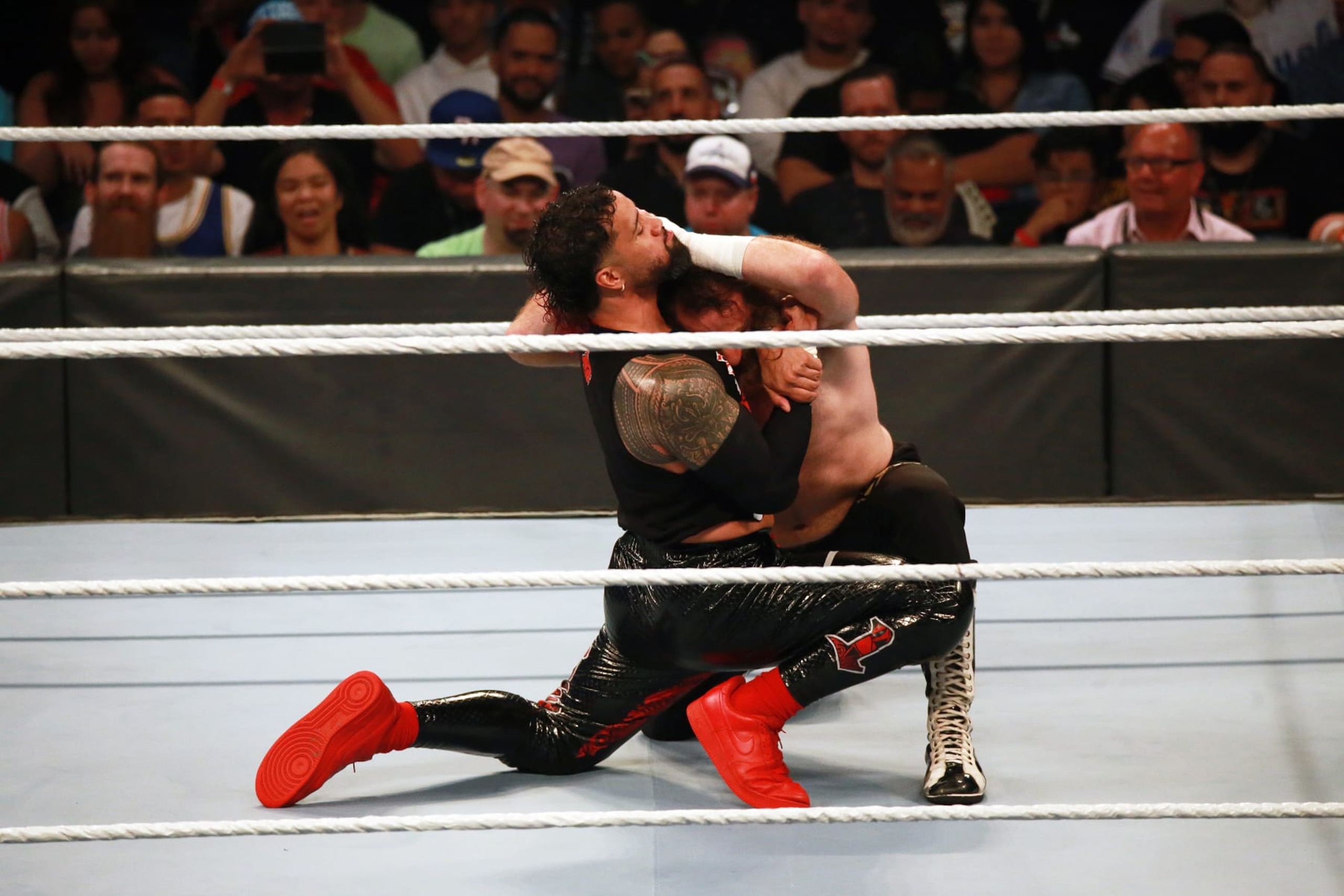 SAN JUAN, PUERTO RICO - MAY 06: Jey Uso of The Bloodline and Sami Zayn wrestle during the WWE Backlash at Coliseo de Puerto Rico José Miguel Agrelot on May 06, 2023 in San Juan, Puerto Rico.(Photo by Gladys Vega/ Getty Images)