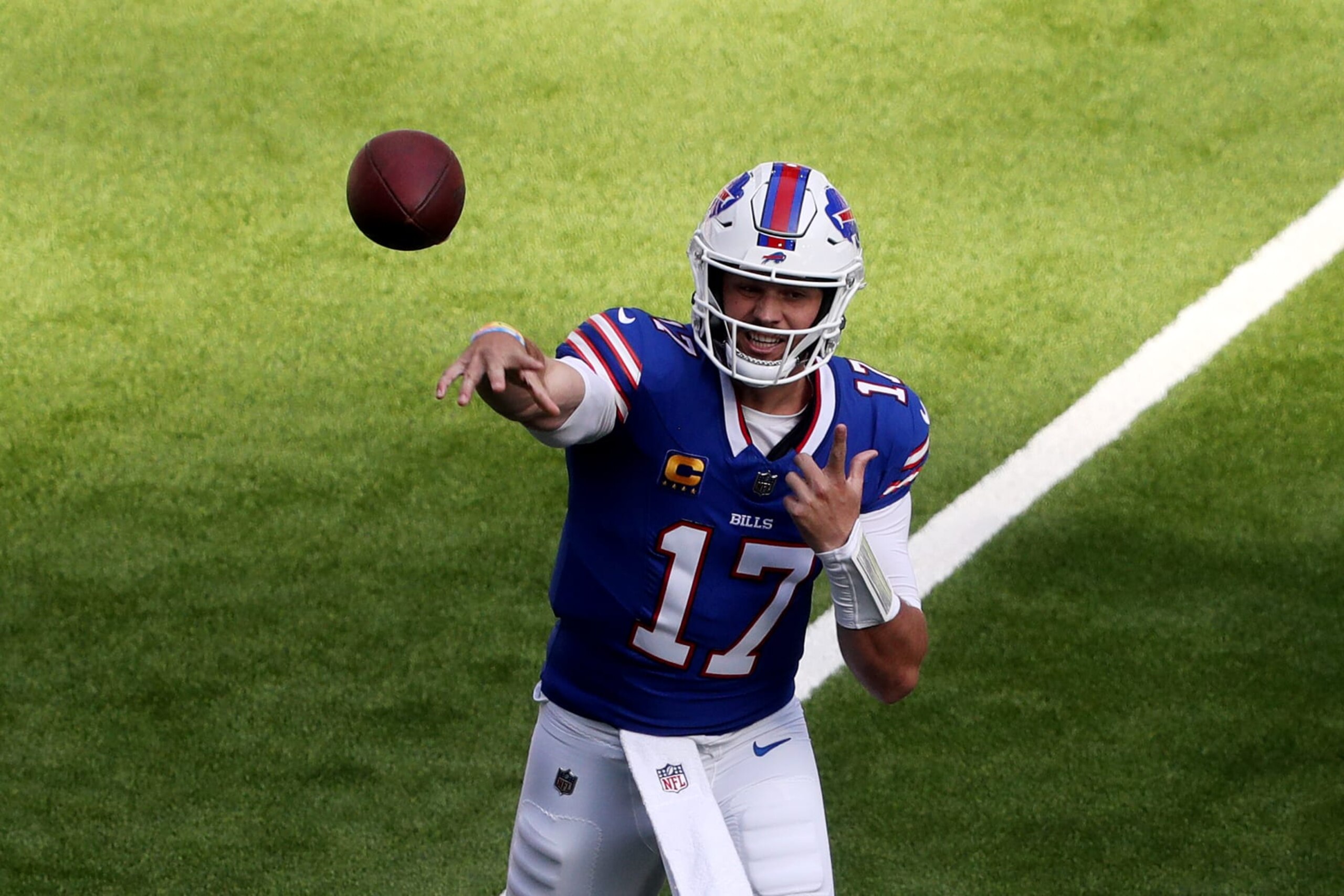 LONDON, ENGLAND - OCTOBER 08: Josh Allen #17 of the Buffalo Bills passes the ball in the first Quarter during the NFL Match between Jacksonville Jaguars and Buffalo Bills at Tottenham Hotspur Stadium on October 08, 2023 in London, England. (Photo by Henry Browne/Getty Images) LONDON, ENGLAND - OCTOBER 08: Josh Allen #17 of the Buffalo Bills passes the ball in the first Quarter during the NFL Match between Jacksonville Jaguars and Buffalo Bills at Tottenham Hotspur Stadium on October 08, 2023 in London, England. (Photo by Henry Browne/Getty Images)