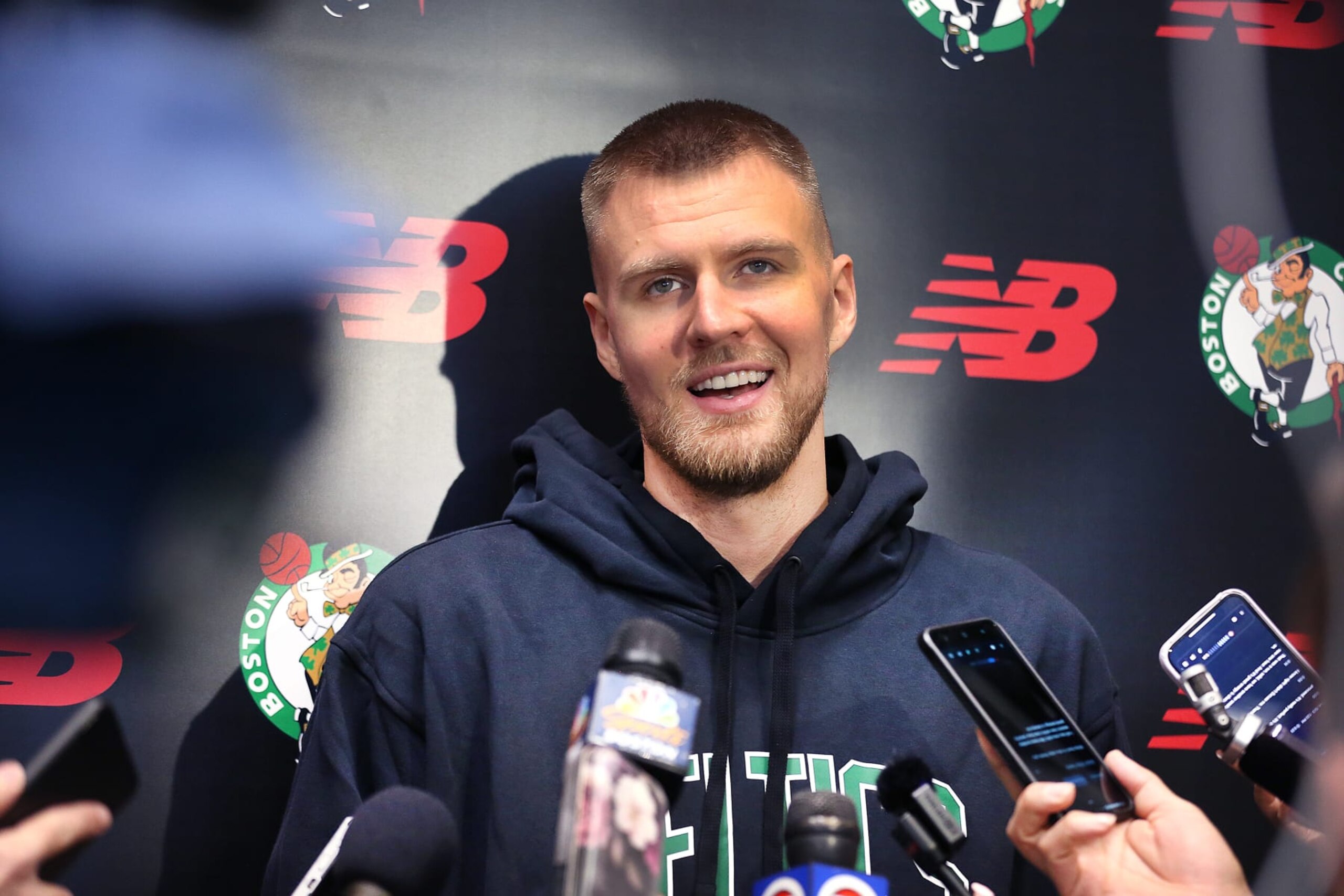 Boston, MA - October 3: Boston Celtics C Kristaps Porzingis speaks with the media. (Photo by John Tlumacki/The Boston Globe via Getty Images)
