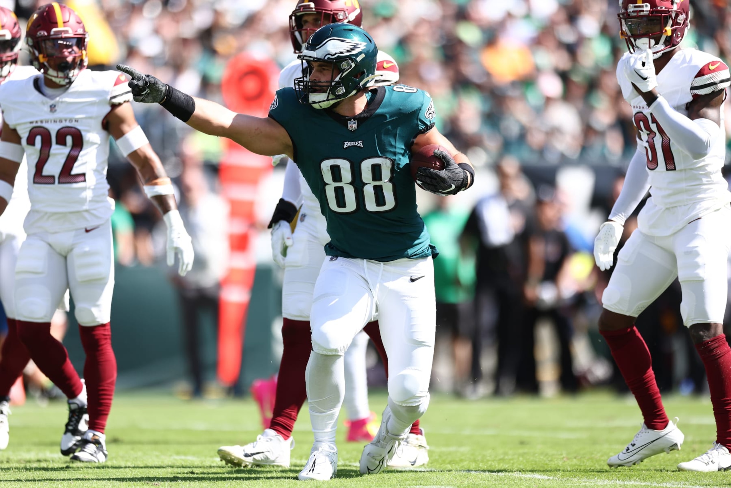 PHILADELPHIA, PENNSYLVANIA - OCTOBER 01: Dallas Goedert #88 of the Philadelphia Eagles celebrates a first down against the Washington Commanders at Lincoln Financial Field on October 01, 2023 in Philadelphia, Pennsylvania. (Photo by Tim Nwachukwu/Getty Images)
