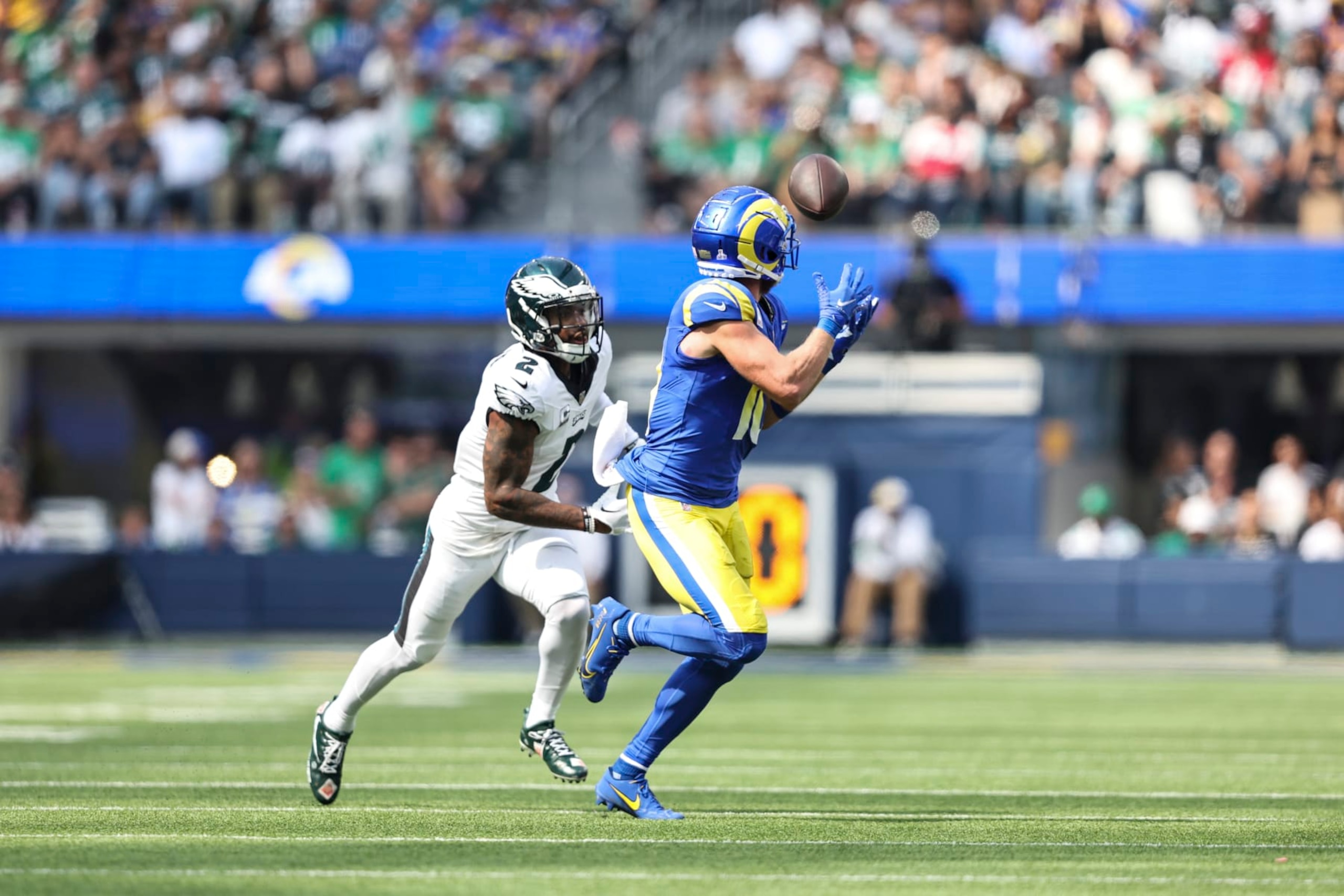 INGLEWOOD, CALIFORNIA - OCTOBER 08: Cooper Kupp #10 of the Los Angeles Rams completes a pass against Darius Slay #2 of the Philadelphia Eagles during an NFL football game between the Los Angeles Rams and the Philadelphia Eagles at SoFi Stadium on October 08, 2023 in Inglewood, California. (Photo by Michael Owens/Getty Images)