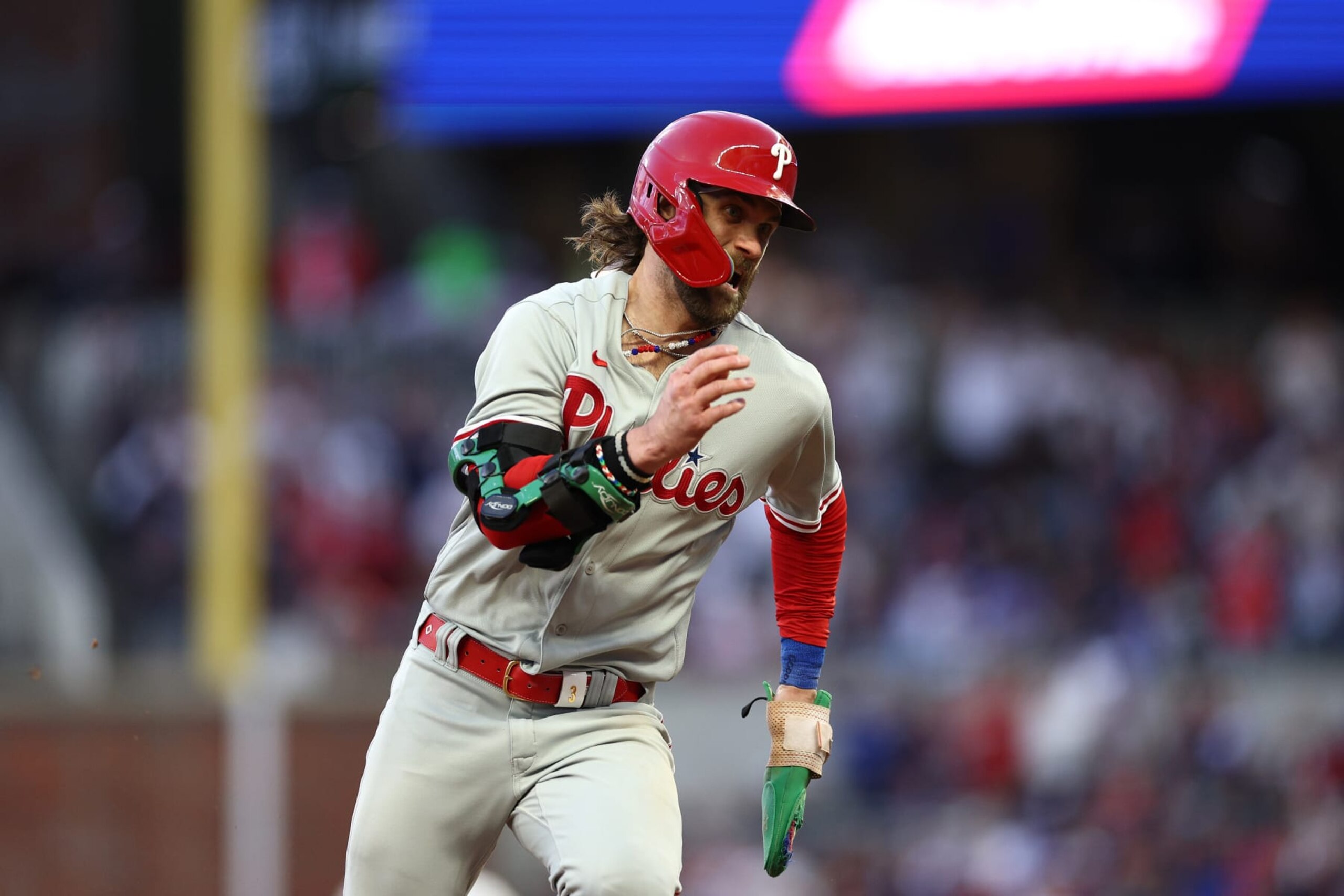ATLANTA, GEORGIA - OCTOBER 07: Bryce Harper #3 of the Philadelphia Phillies round bases during the fourth inning against the Atlanta Braves during Game One of the Division Series at Truist Park on October 07, 2023 in Atlanta, Georgia. (Photo by Elsa/Getty Images)
