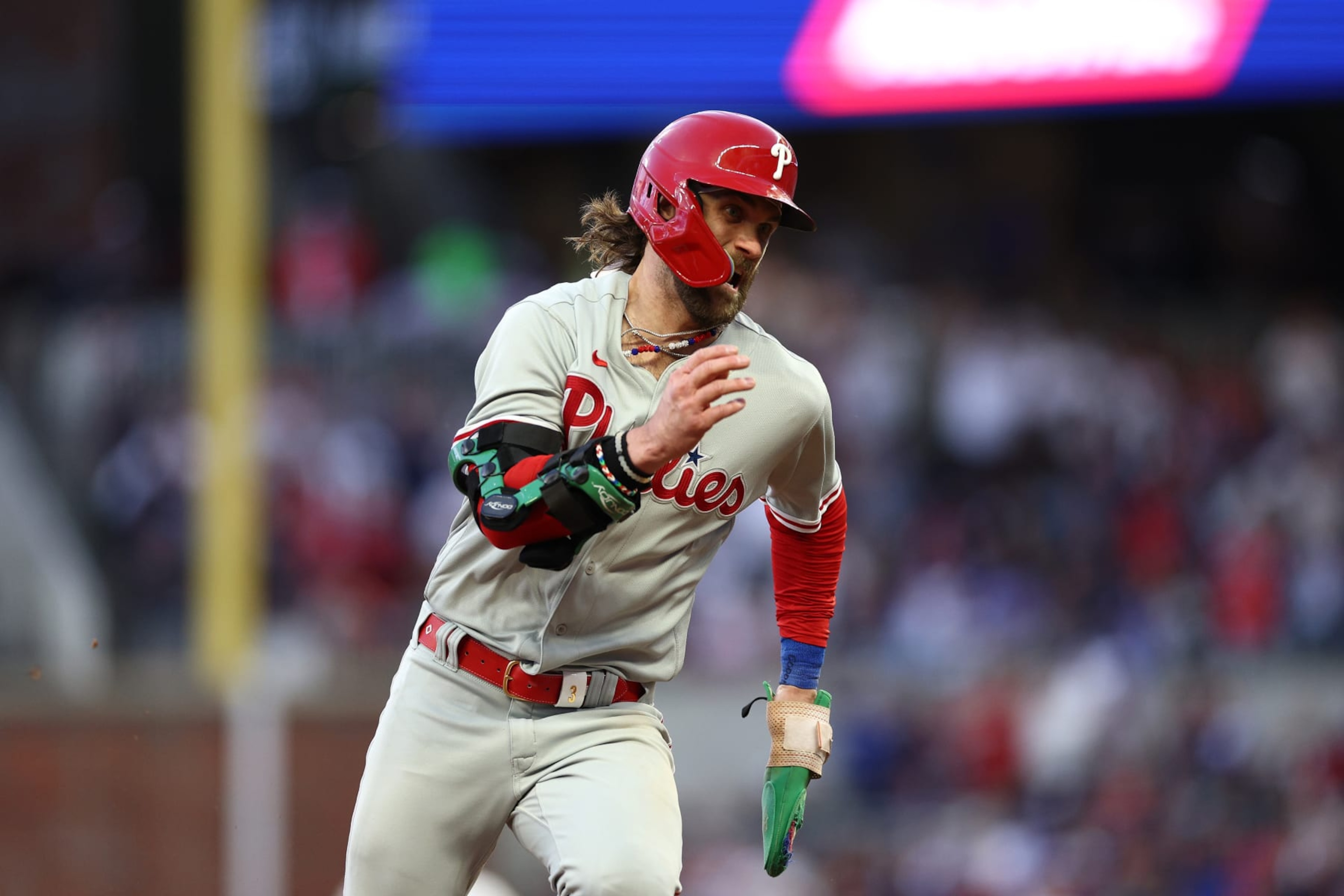 ATLANTA, GEORGIA - OCTOBER 07: Bryce Harper #3 of the Philadelphia Phillies round bases during the fourth inning against the Atlanta Braves during Game One of the Division Series at Truist Park on October 07, 2023 in Atlanta, Georgia. (Photo by Elsa/Getty Images)