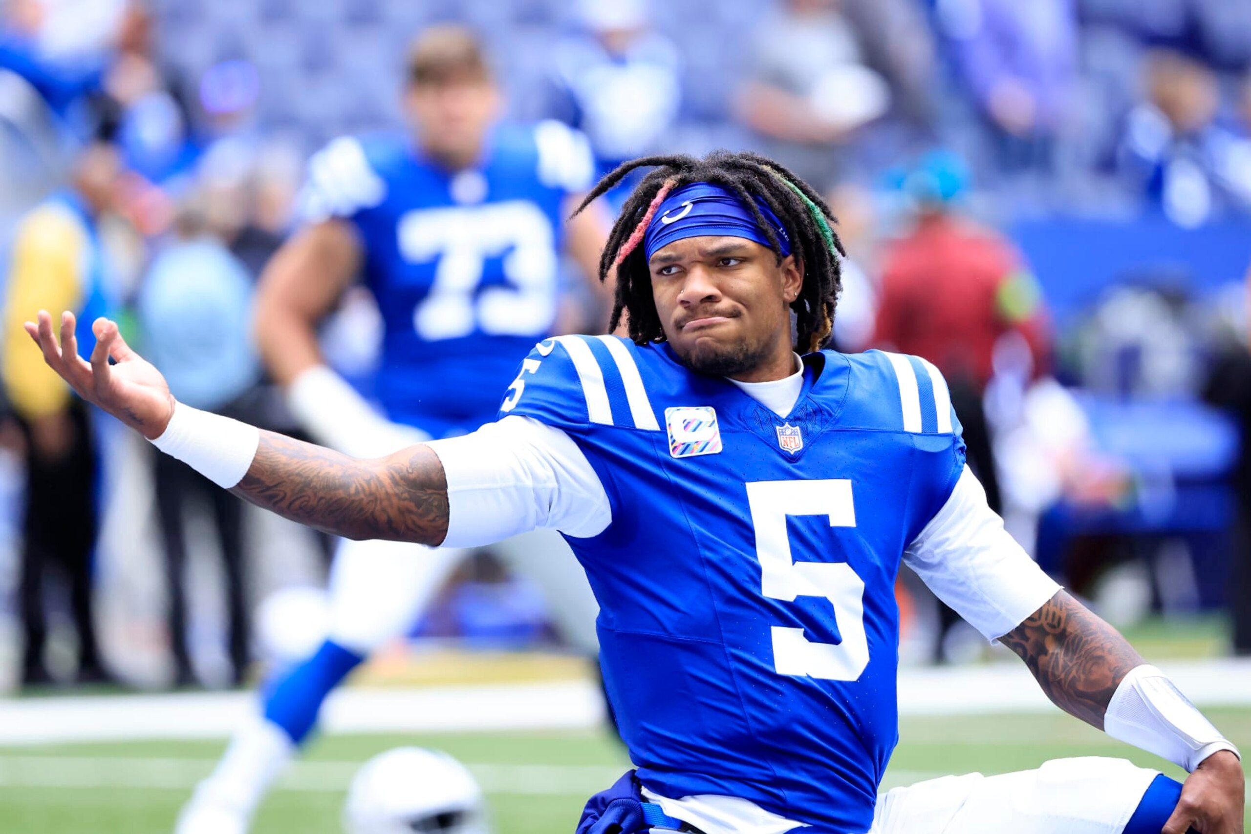 INDIANAPOLIS, INDIANA - OCTOBER 08: Anthony Richardson #5 of the Indianapolis Colts warms up prior to the game against the Tennessee Titans at Lucas Oil Stadium on October 08, 2023 in Indianapolis, Indiana. (Photo by Justin Casterline/Getty Images)