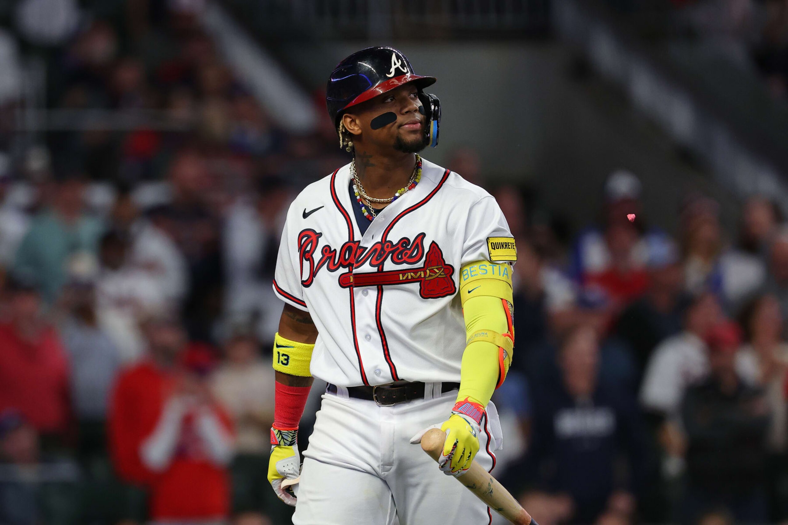 ATLANTA, GEORGIA - OCTOBER 07: Ronald Acuna Jr. #13 of the Atlanta Braves reacts after striking out during the fifth inning against the Philadelphia Phillies  during Game One of the Division Series at Truist Park on October 07, 2023 in Atlanta, Georgia. (Photo by Kevin C. Cox/Getty Images)