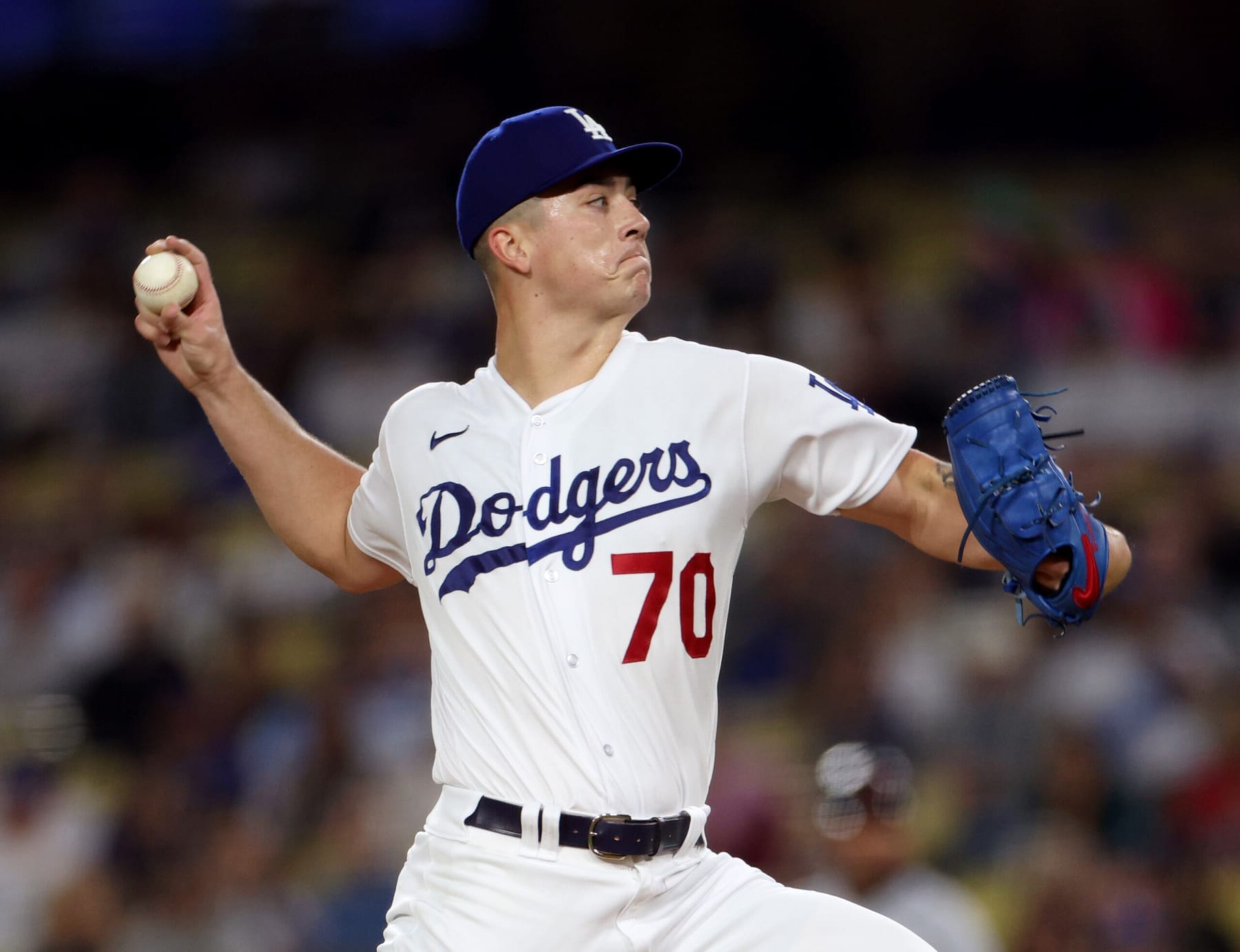 LOS ANGELES, CALIFORNIA - SEPTEMBER 20: Bobby Miller #70 of the Los Angeles Dodgers pitches to the Detroit Tigers during the second inning at Dodger Stadium on September 20, 2023 in Los Angeles, California. (Photo by Harry How/Getty Images)
