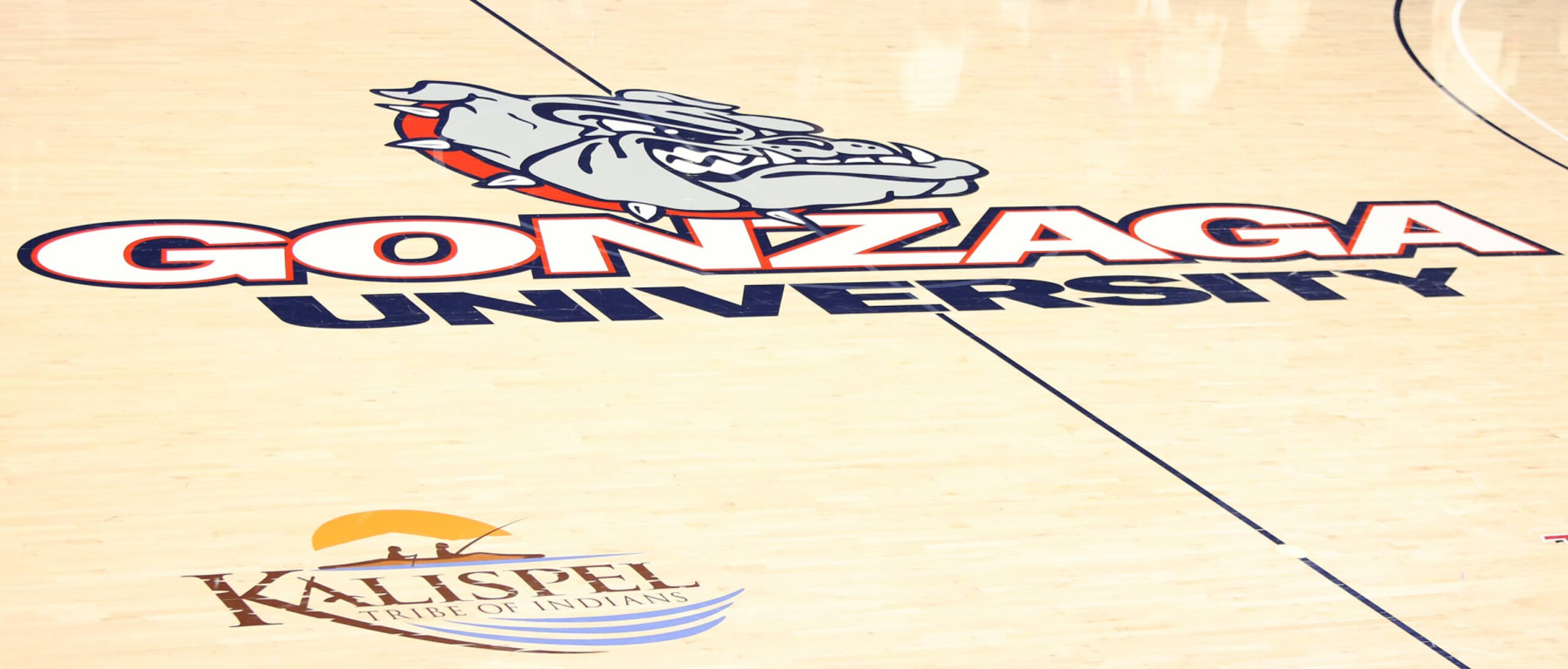 SPOKANE, WASHINGTON - DECEMBER 21:  A general view of the Gonzaga logo on the court prior to the start between the Northwestern State Demons and the Gonzaga Bulldogs at McCarthey Athletic Center on December 21, 2020 in Spokane, Washington. Gonzaga defeats Northwestern State 95-57.  (Photo by William Mancebo/Getty Images)